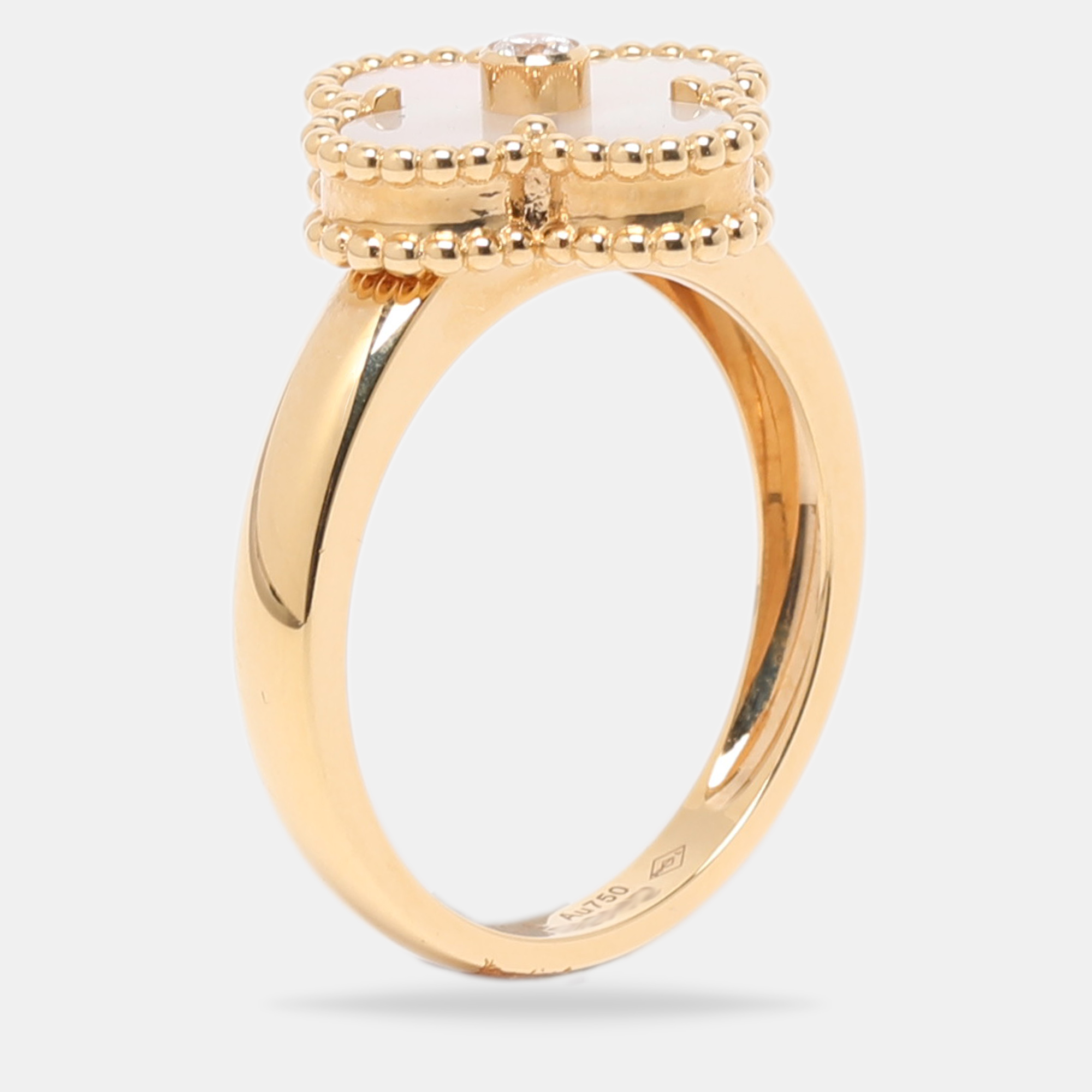 

Van Cleef & Arpels Vintage Alhambra Diamond Mother of Pearl 18K Yellow Gold Ring Size