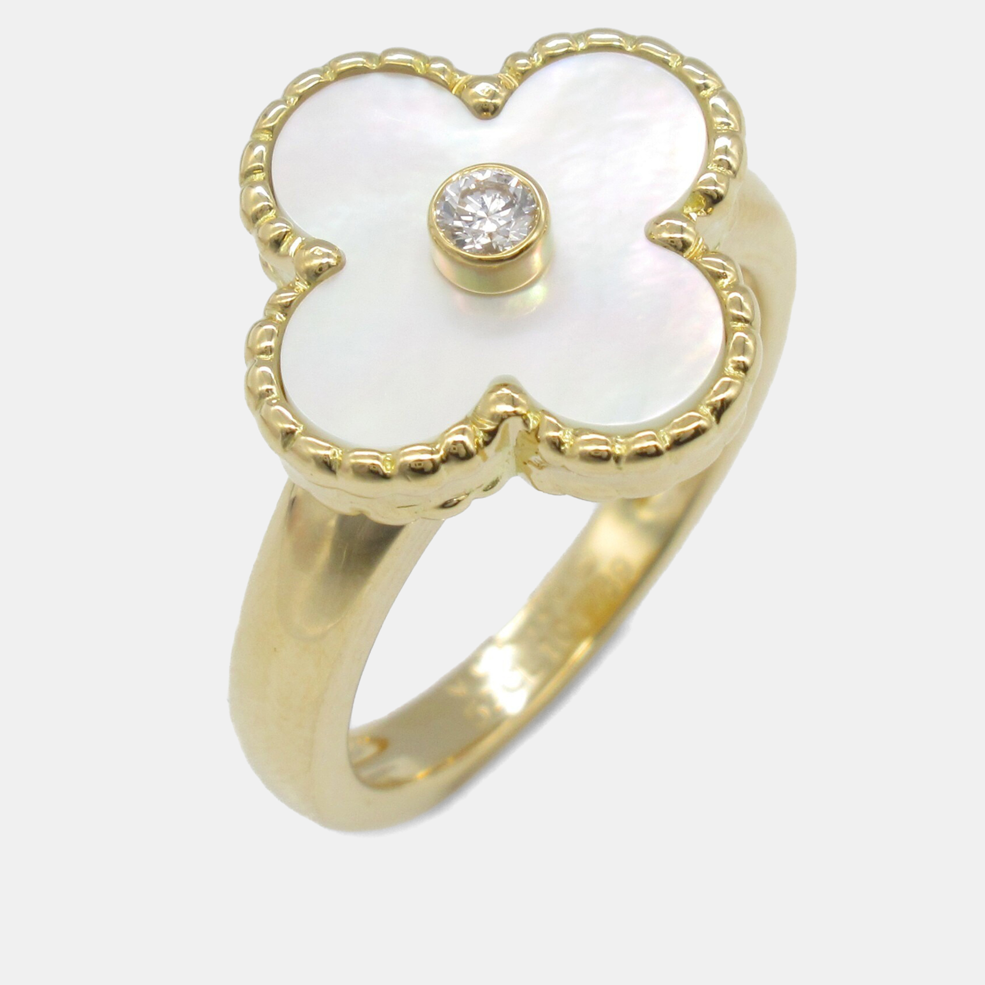 Pre-owned Van Cleef & Arpels Vintage Alhambra 18k Yellow Gold Diamond Mother Of Pearl Ring Eu 49