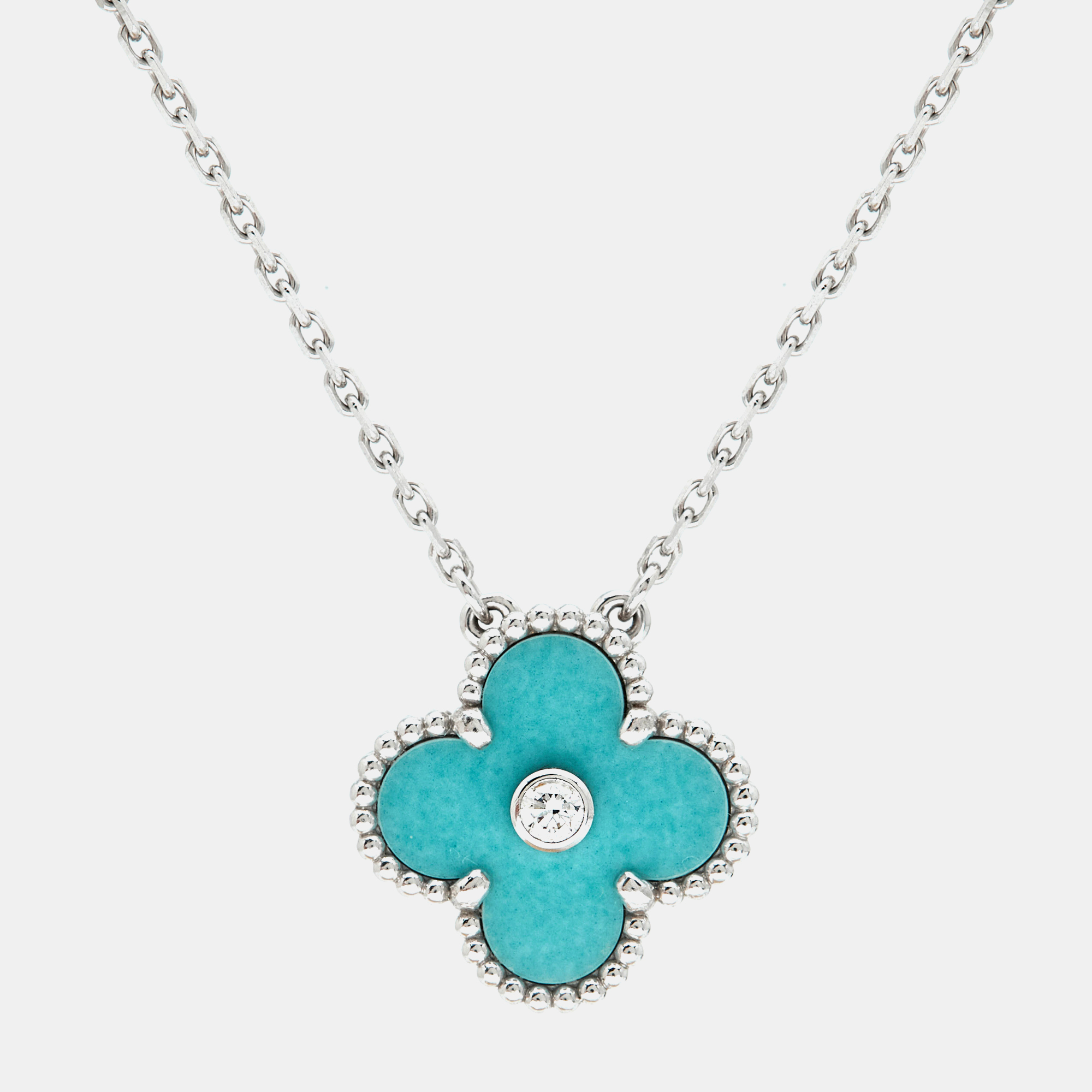 

Van Cleef & Arpels Vintage Alhambra Limited Edition Holiday 2022 Celadon Sevres Porcelain Diamond 18k White Gold Necklace