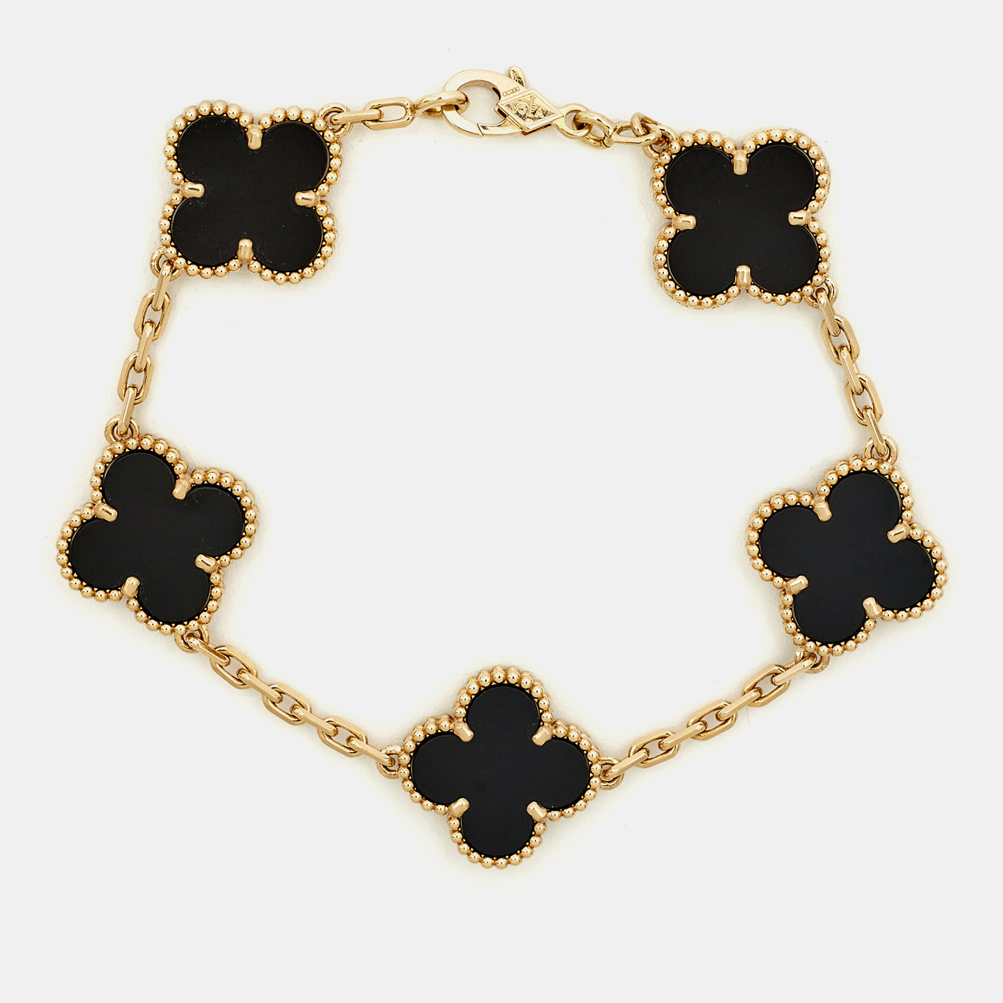 

Van Cleef & Arpels Vintage Alhambra Onyx 18k Yellow Gold 5 Motif Station Bracelet