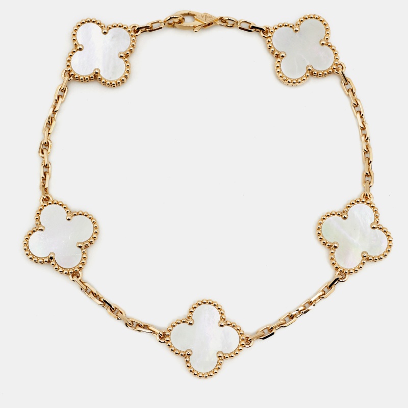 

Van Cleef & Arpels Vintage Alhambra Mother of Pearl 18k Yellow Gold 5 Motif Station Bracelet