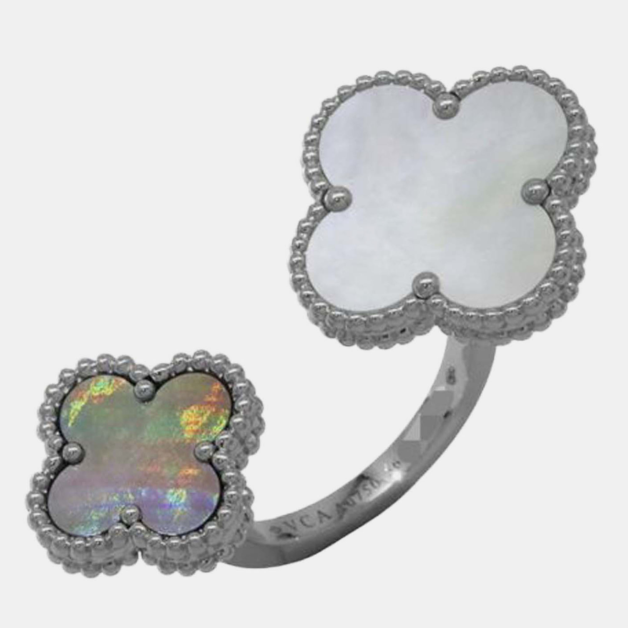 

18K White Gold and Mother of Pearl Magic Alhambra Between the Finger Ring, Silver