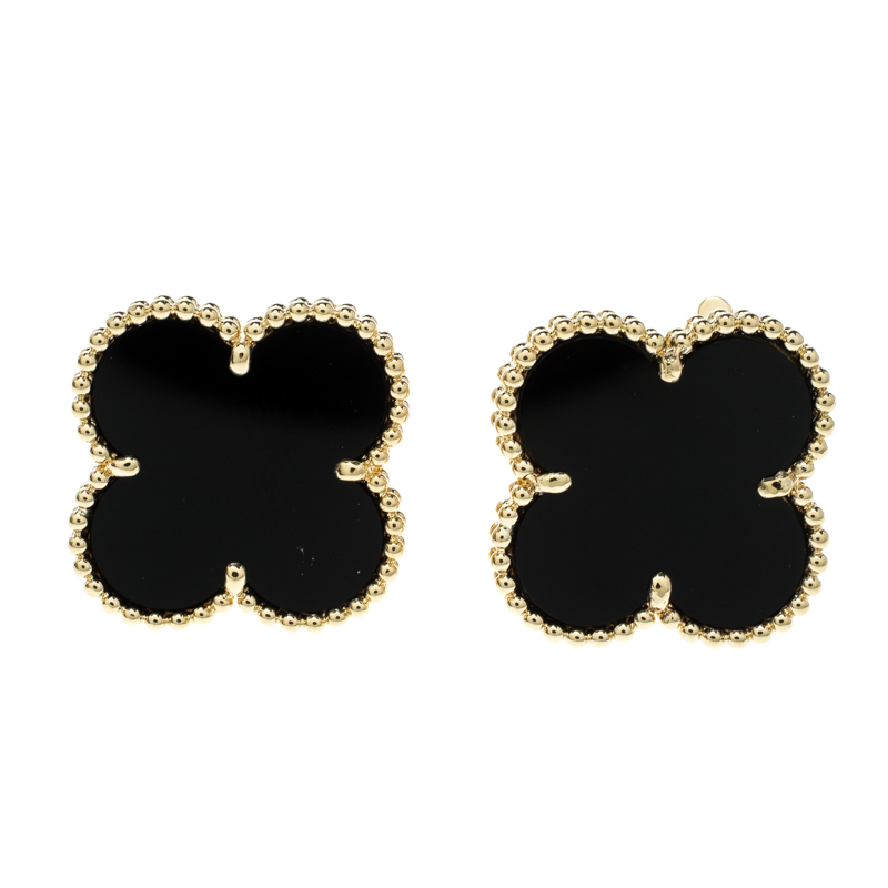 Van Cleef & Arpels Magic Alhambra Onyx & 18k Yellow Gold Stud Earrings ...