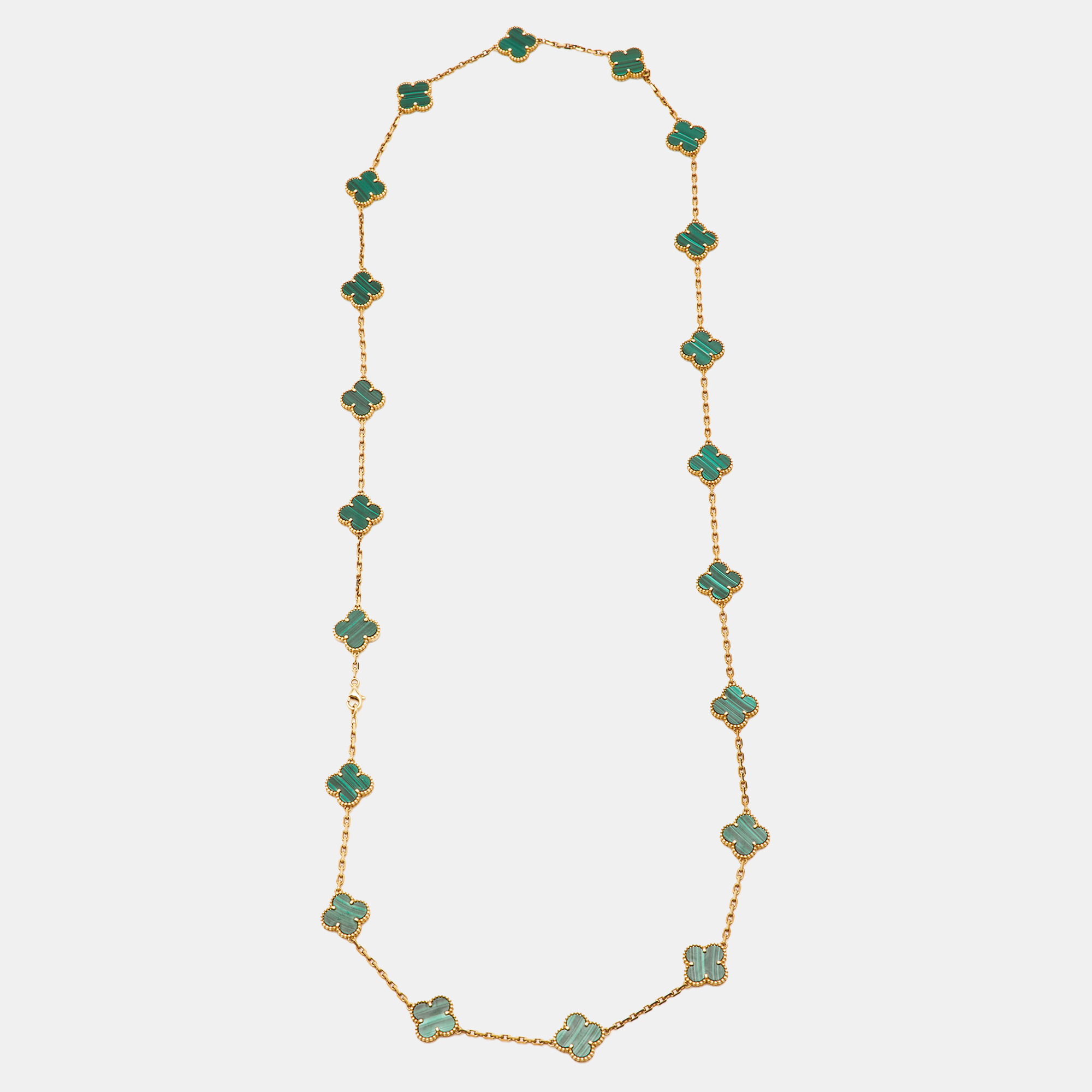 

Van Cleef & Arpels Vintage Alhambra Malachite 18k Yellow Gold 20 Motif Long Necklace