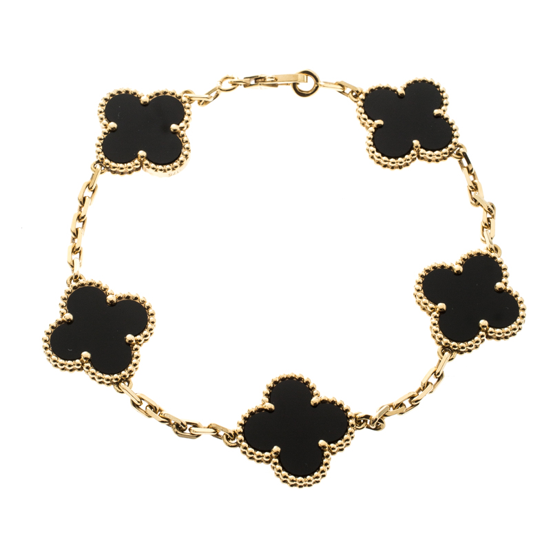 Pre Owned Van Cleef & Arpels Vintage Alhambra 5 Onyx Motif & 18k Yellow Gold Bracelet 