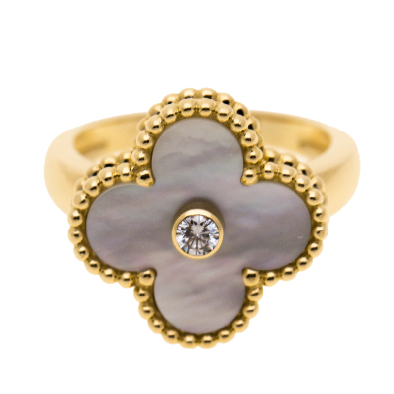 

Van Cleef & Arpels Vintage Alhambra Diamond Mother of Pearl 18k Yellow Gold Ring Size