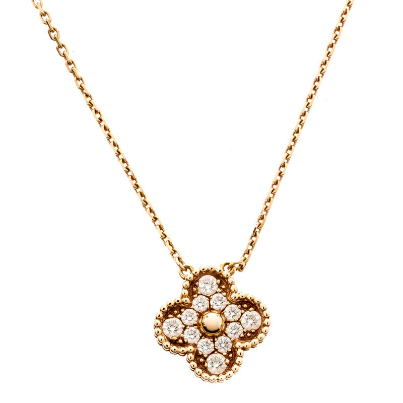 Van Cleef & Arpels Vintage Alhambra Diamond 18K Rose Gold Pendant Necklace