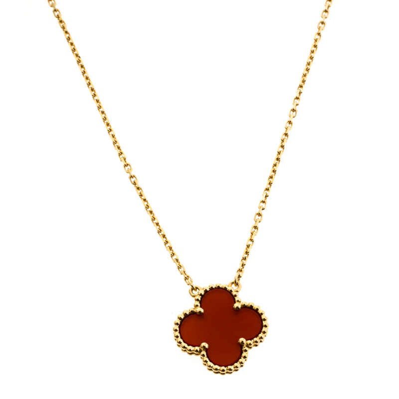Van Cleef & Arpels Vintage Alhambra Carnelian 18k Yellow Gold Pendant Necklace