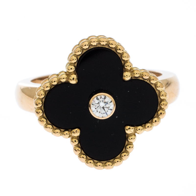 

Van Cleef & Arpels Vintage Alhambra Diamond Onyx 18k Yellow Gold Ring Size