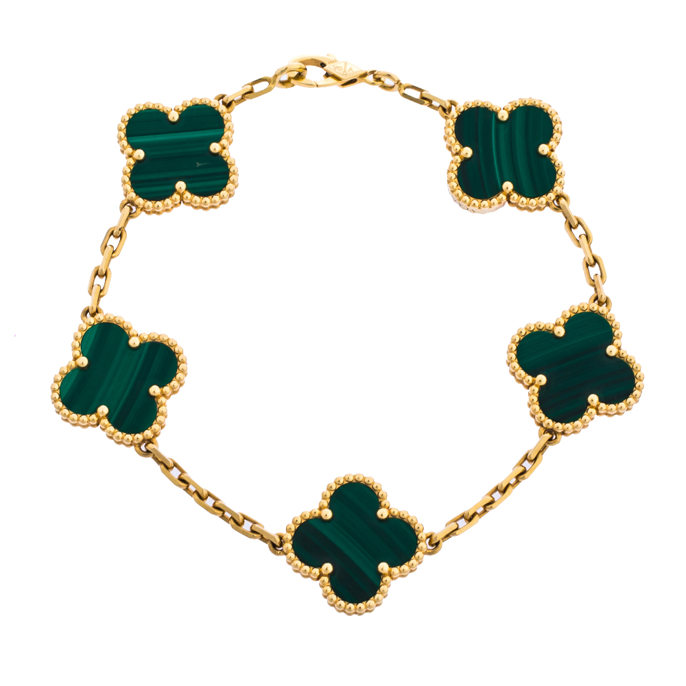 Van Cleef & Arpels Vintage Alhambra 5 Motifs Malachite 18K Yellow Gold Bracelet