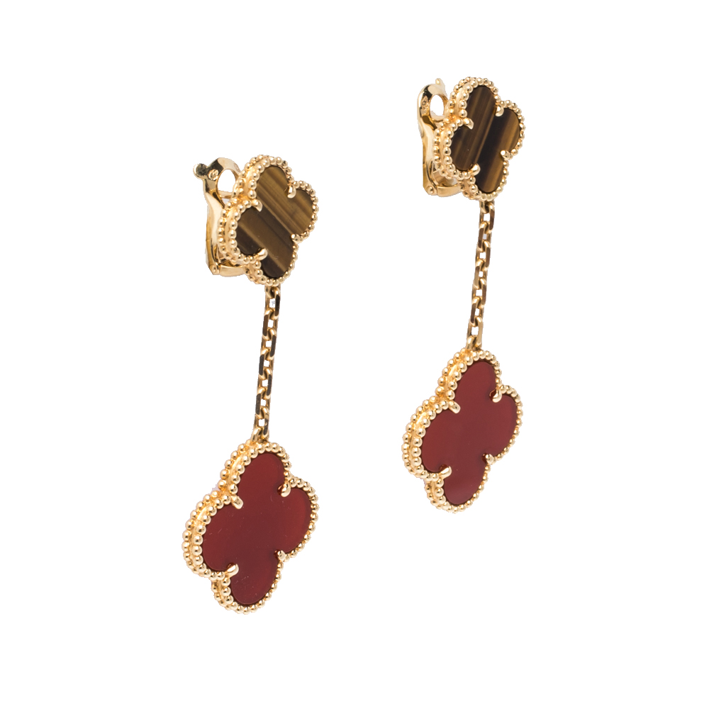 

Van Cleef & Arpels Magic Alhambra Carnelian Tiger's Eye 2 Motifs 18K Yellow Gold Earrings