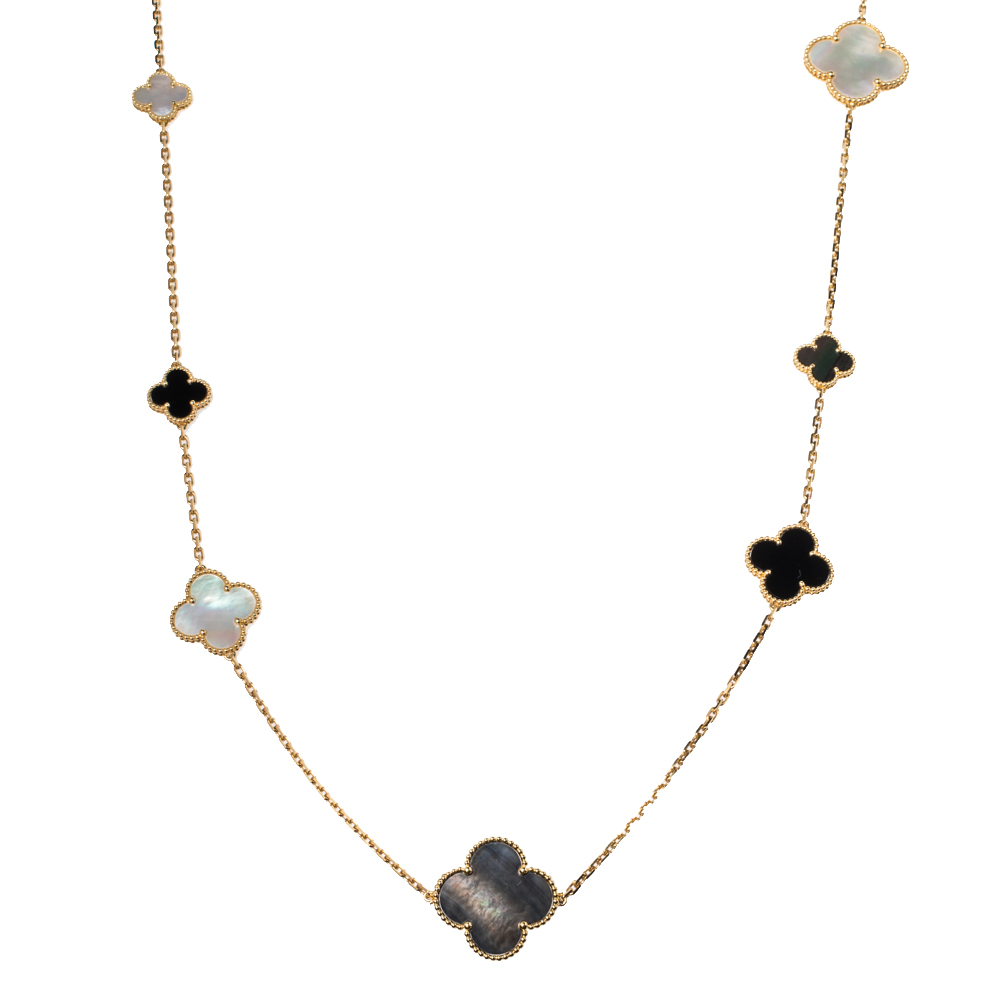 

Van Cleef & Arpels Magic Alhambra 16 Motif Mother of Pearl Onyx 18K Yellow Gold Long Station Necklace