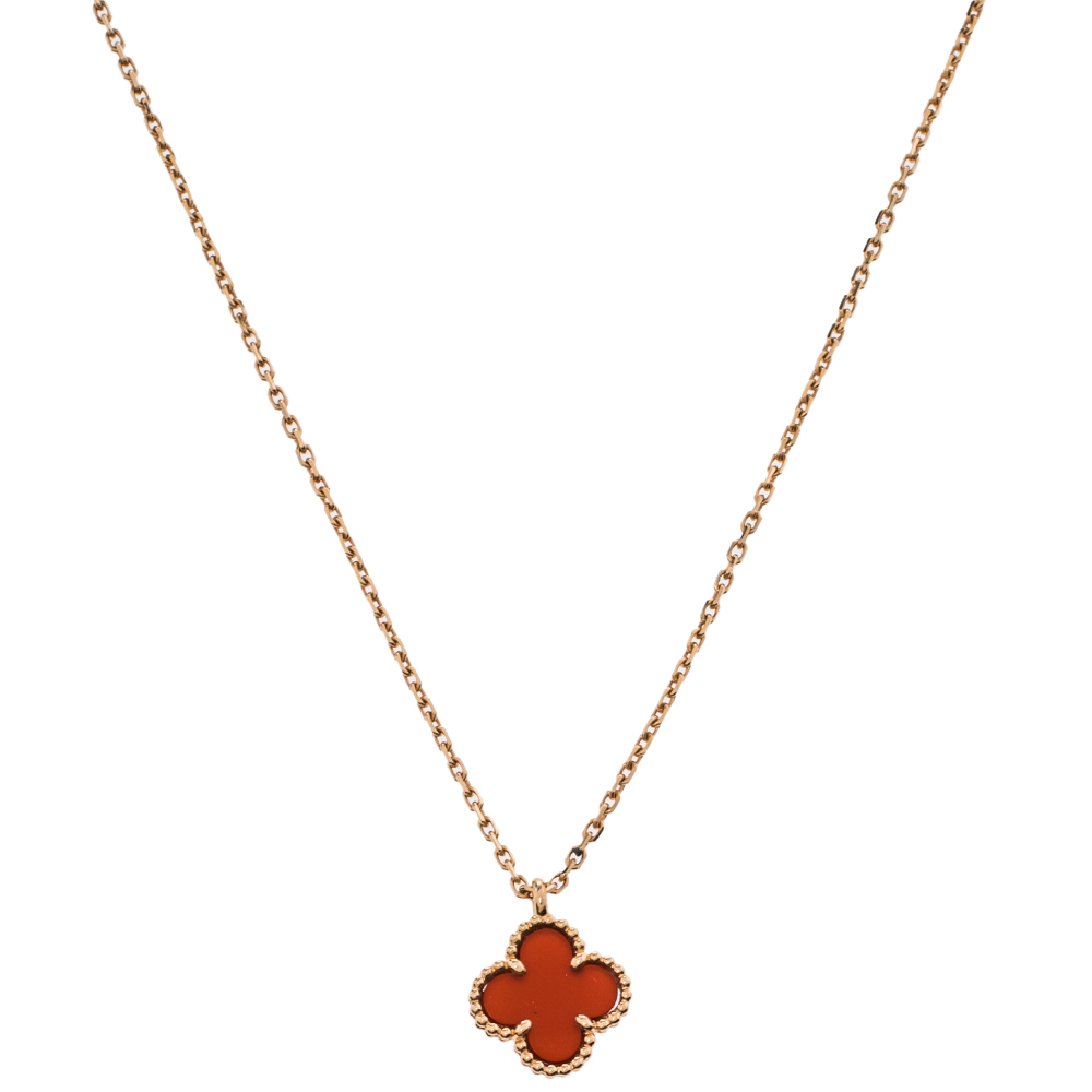 Pre Owned Van Cleef & Arpels Sweet Alhambra Carnelian 18K Rose Gold Pendant Necklace