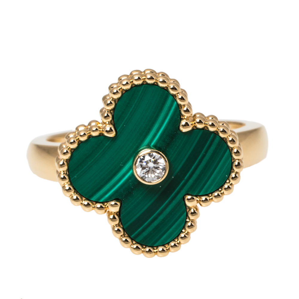 

Van Cleef & Arpels Vintage Alhambra Diamond Malachite 18K Yellow Gold Ring 52