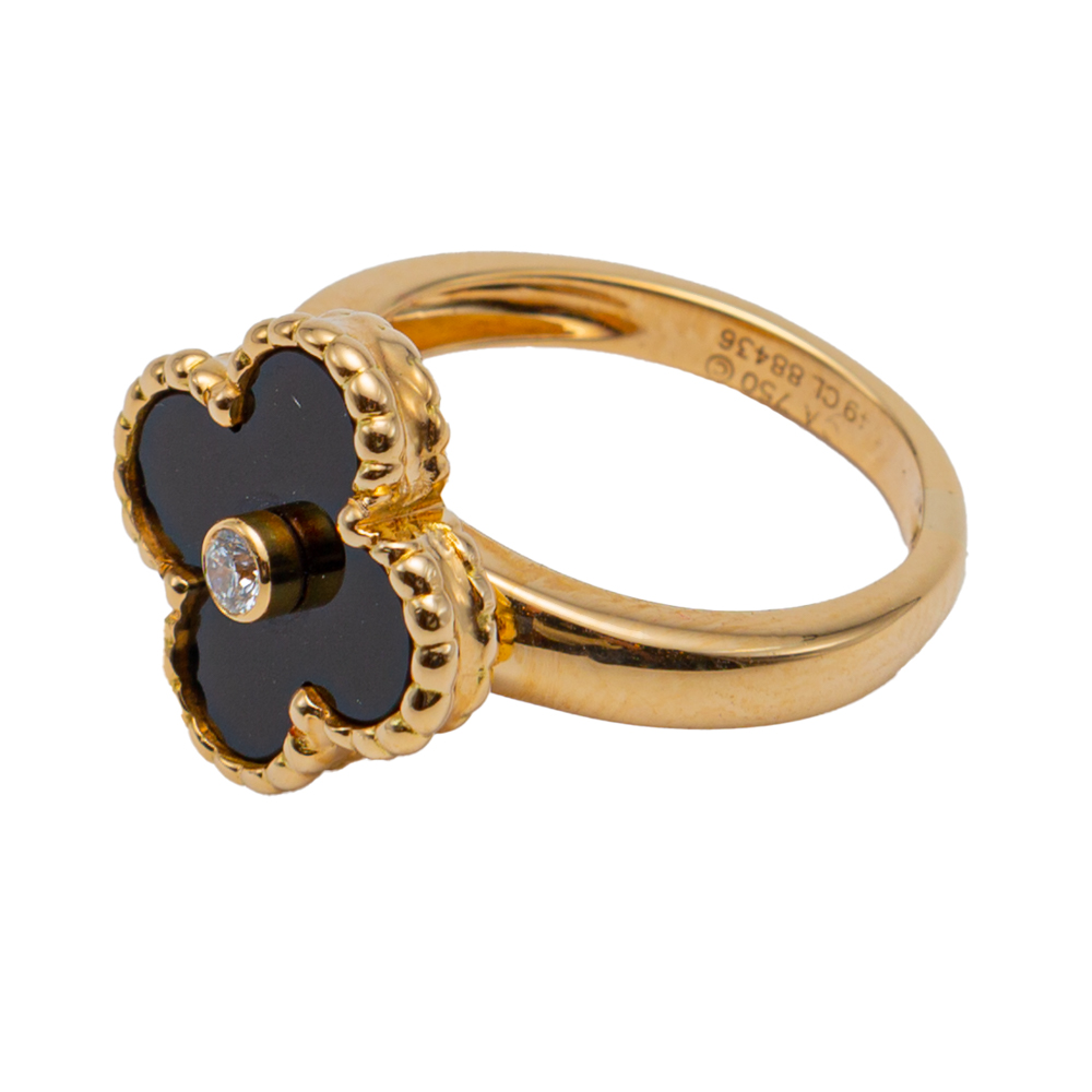 

Van Cleef & Arpels Vintage Alhambra Onyx Rose Gold Diamond Ring Size