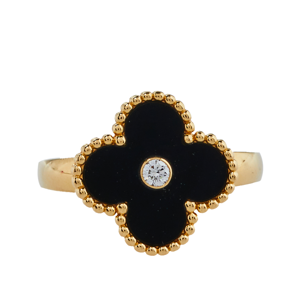 

Van Cleef & Arpels Vintage Alhambra Diamond Onyx 18K Yellow Gold Ring Size