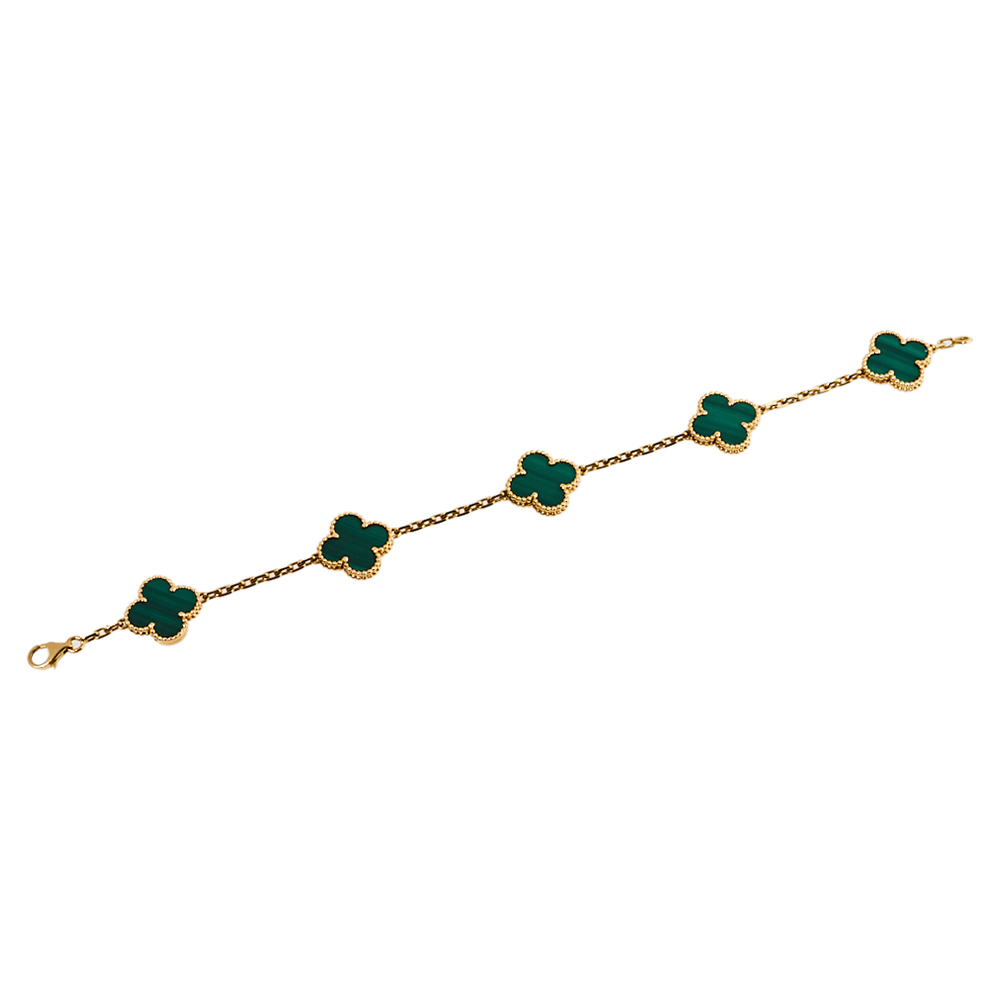 

Van Cleef & Arpels Vintage Alhambra 5 Motifs Malachite 18K Yellow Gold Bracelet