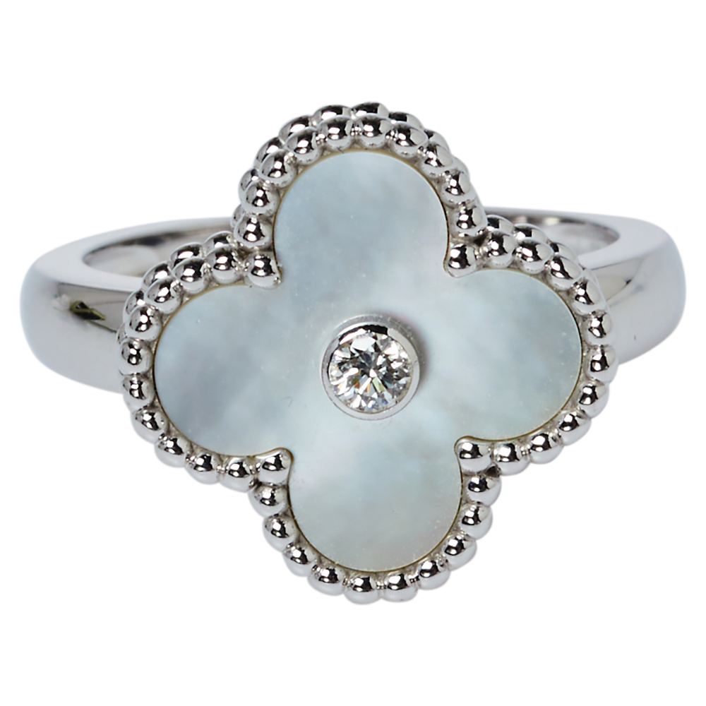 

Van Cleef & Arpels Vintage Alhambra Mother of Pearl Diamond 18K White Gold Ring Size