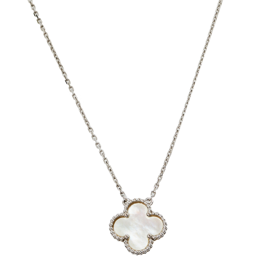 Pre-owned Van Cleef & Arpels Vintage Alhambra Mother Of Pearl 18k White Gold Necklace