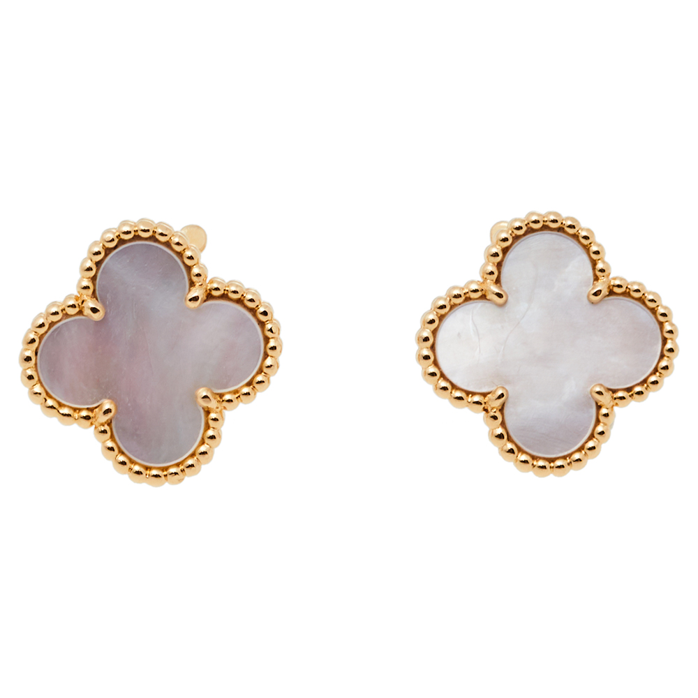 Pre-owned Van Cleef & Arpels Vintage Alhambra Mother Of Pearl 18k Yellow Gold Clip-on Stud Earrings