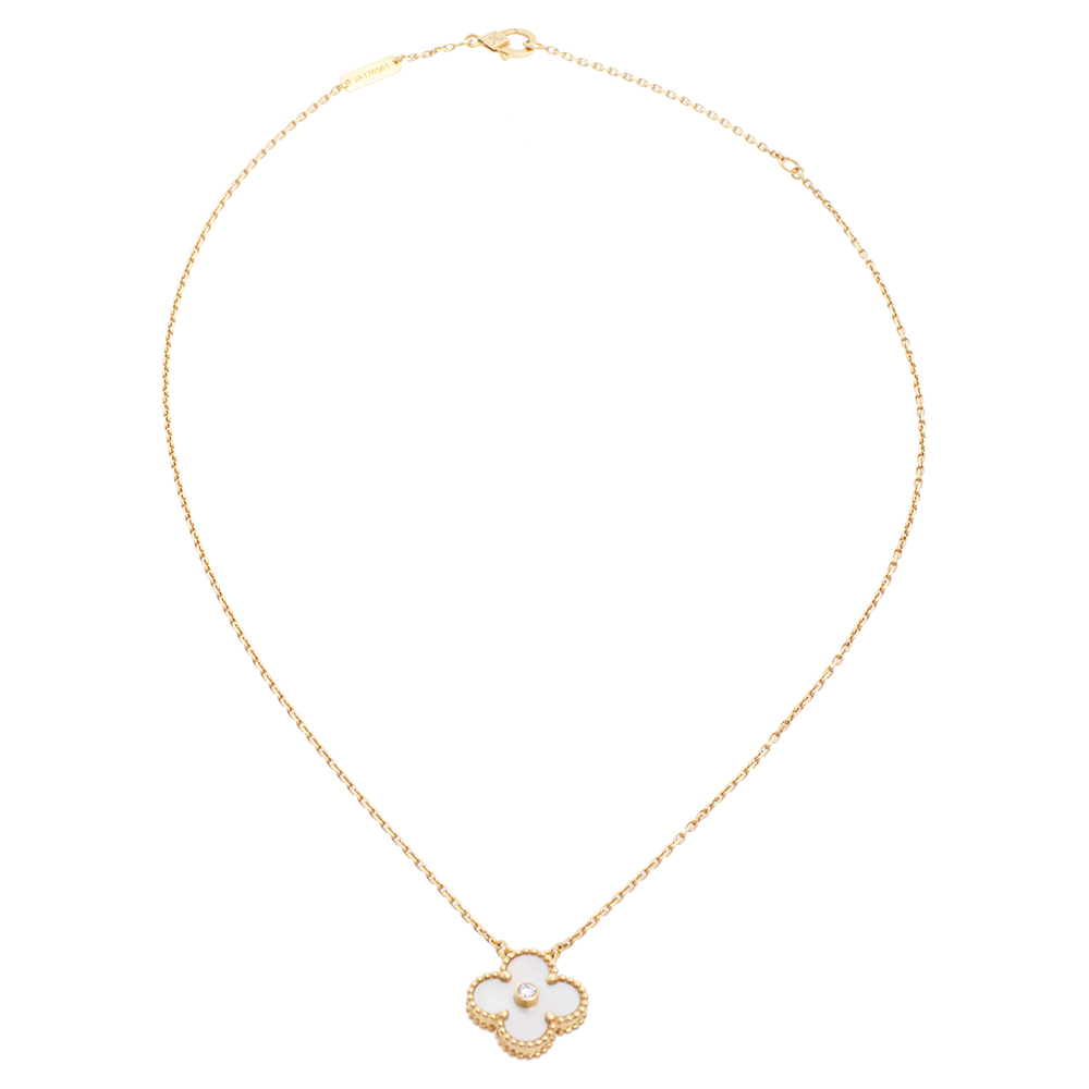 

Van Cleef & Arpels Vintage Alhambra Diamond Mother of Pearl 18K Yellow Gold Necklace