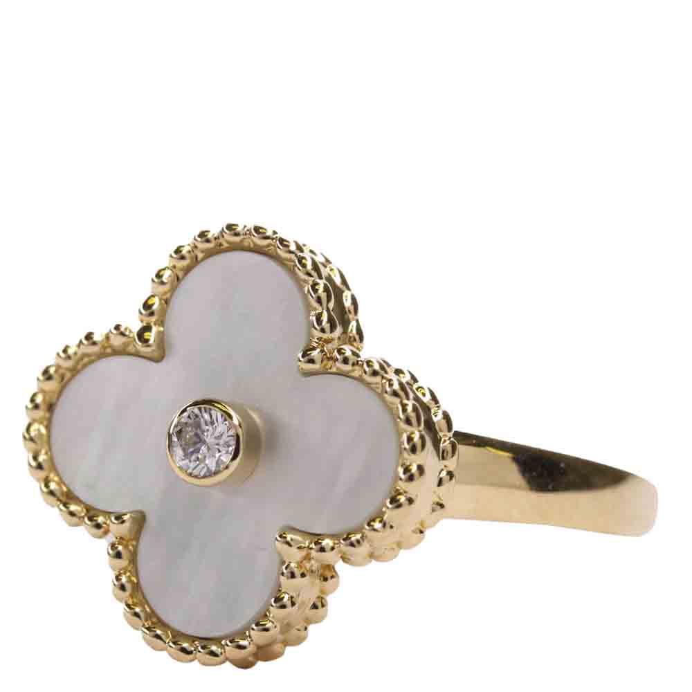 

Van Cleef & Arpels Vintage Alhambra 18K Yellow Gold Diamond MOP Ring Size EU