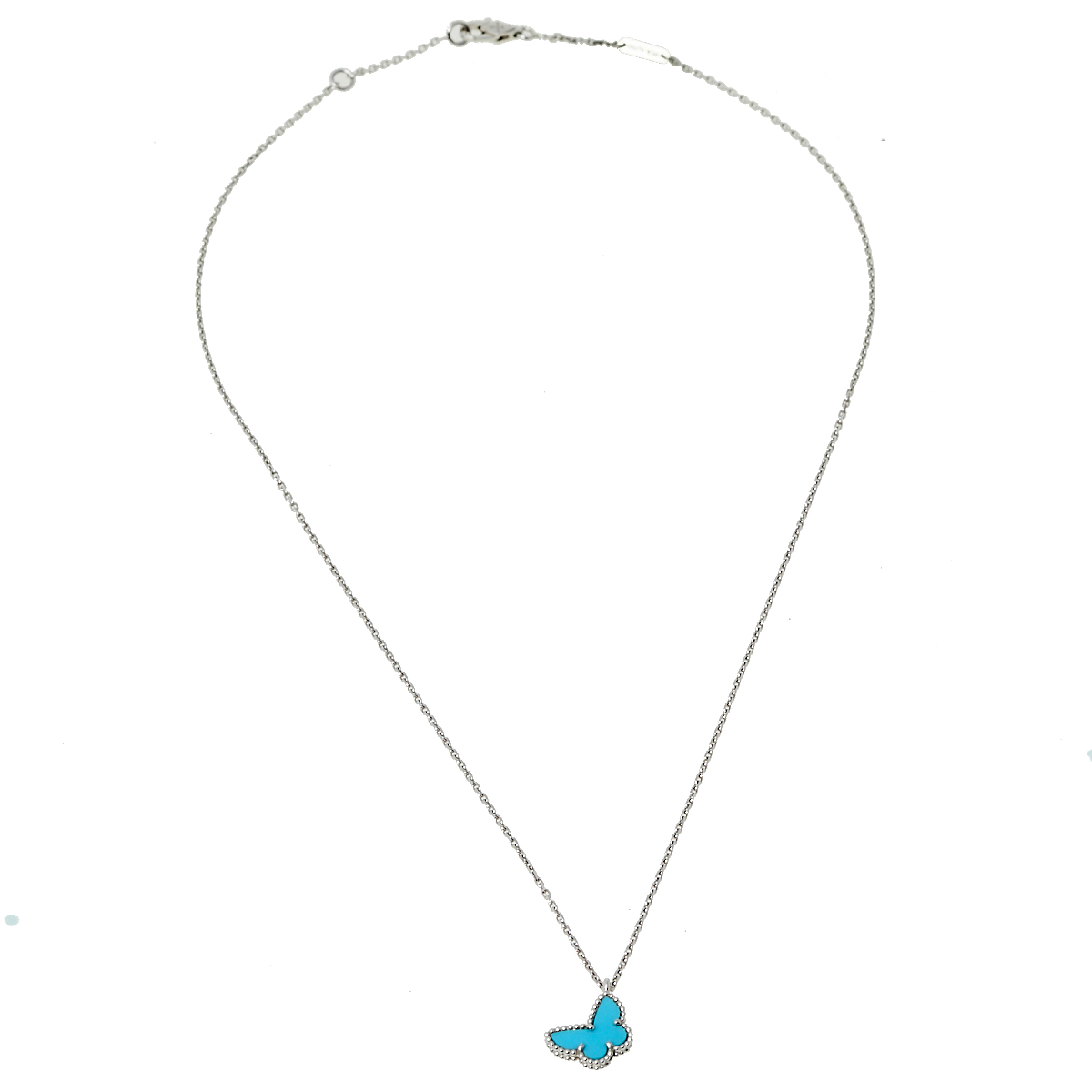 

Van Cleef & Arpels Sweet Alhambra 18K White Gold Turquoise Butterfly Pendant Necklace