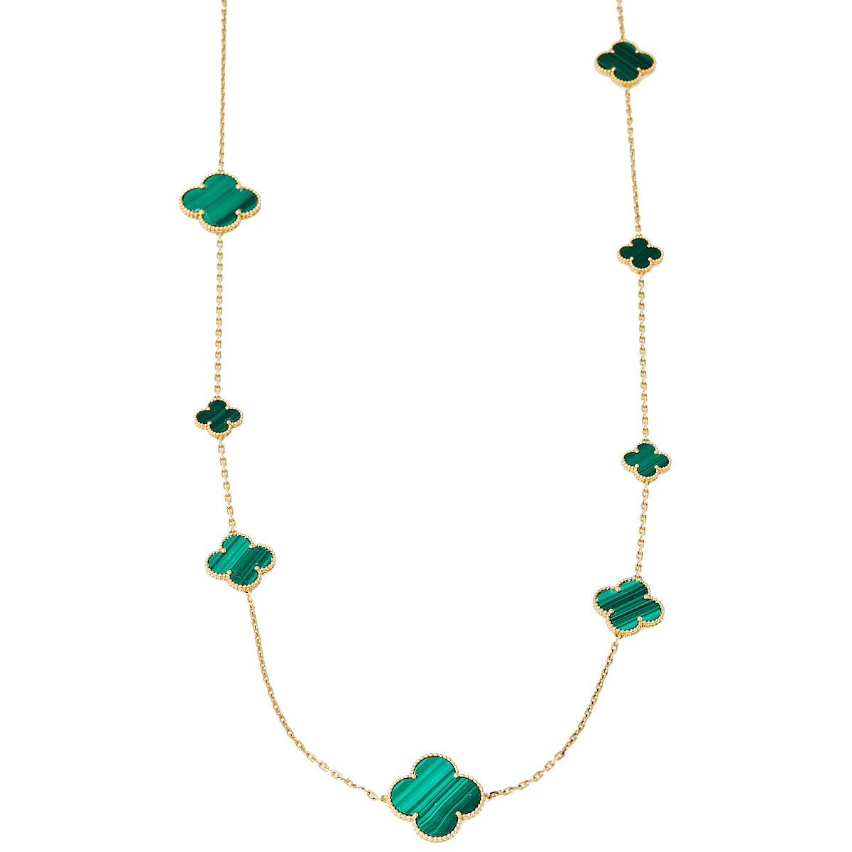 

Van Cleef & Arpels Magic Alhambra Malachite 16 Motif 18K Yellow Gold Long Station Necklace