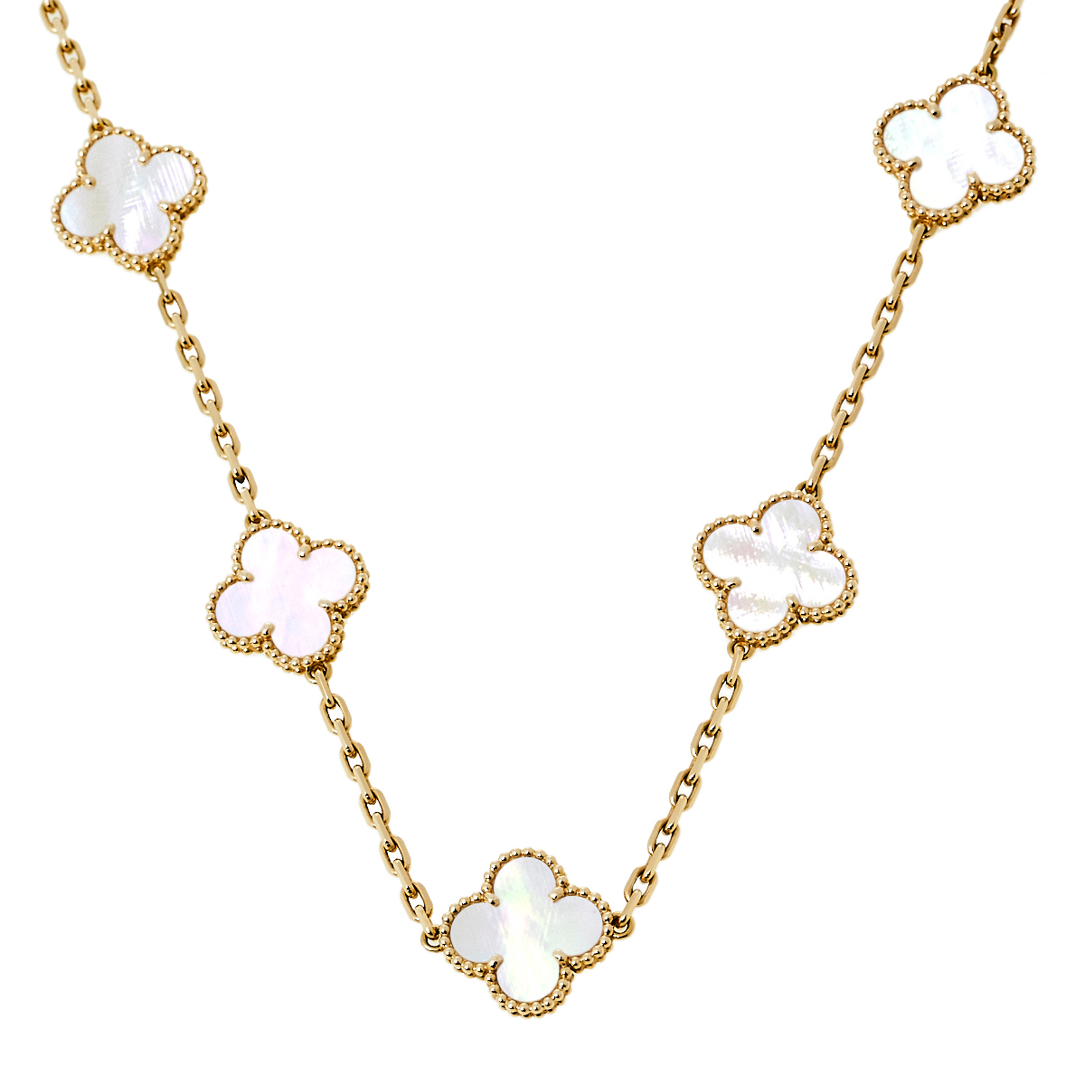 

Van Cleef & Arpels Vintage Alhambra Mother of Pearl 18K Yellow Gold 10 Motif Station Necklace