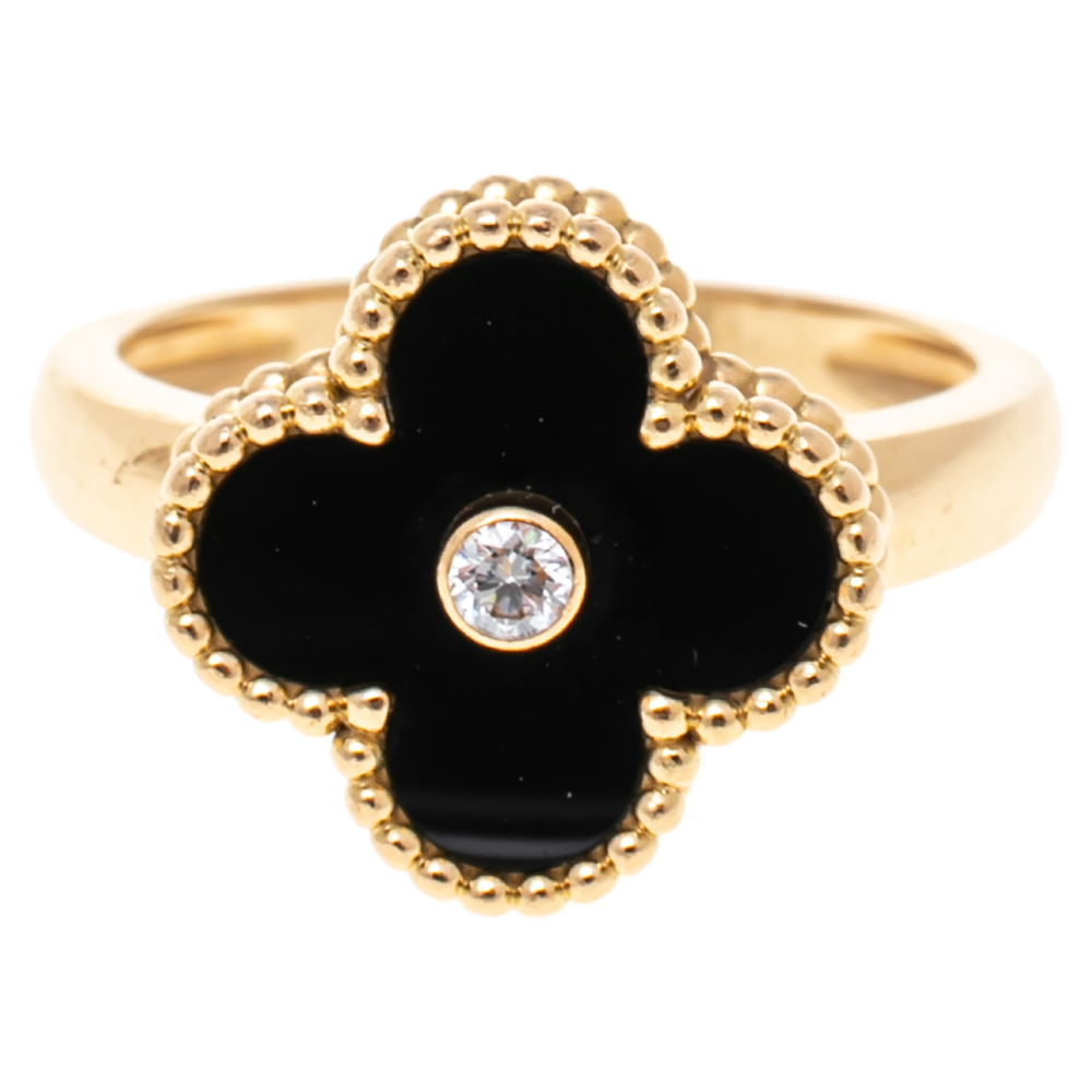 

Van Cleef & Arpels Vintage Alhambra Diamond Onyx 18K Yellow Gold Ring Size