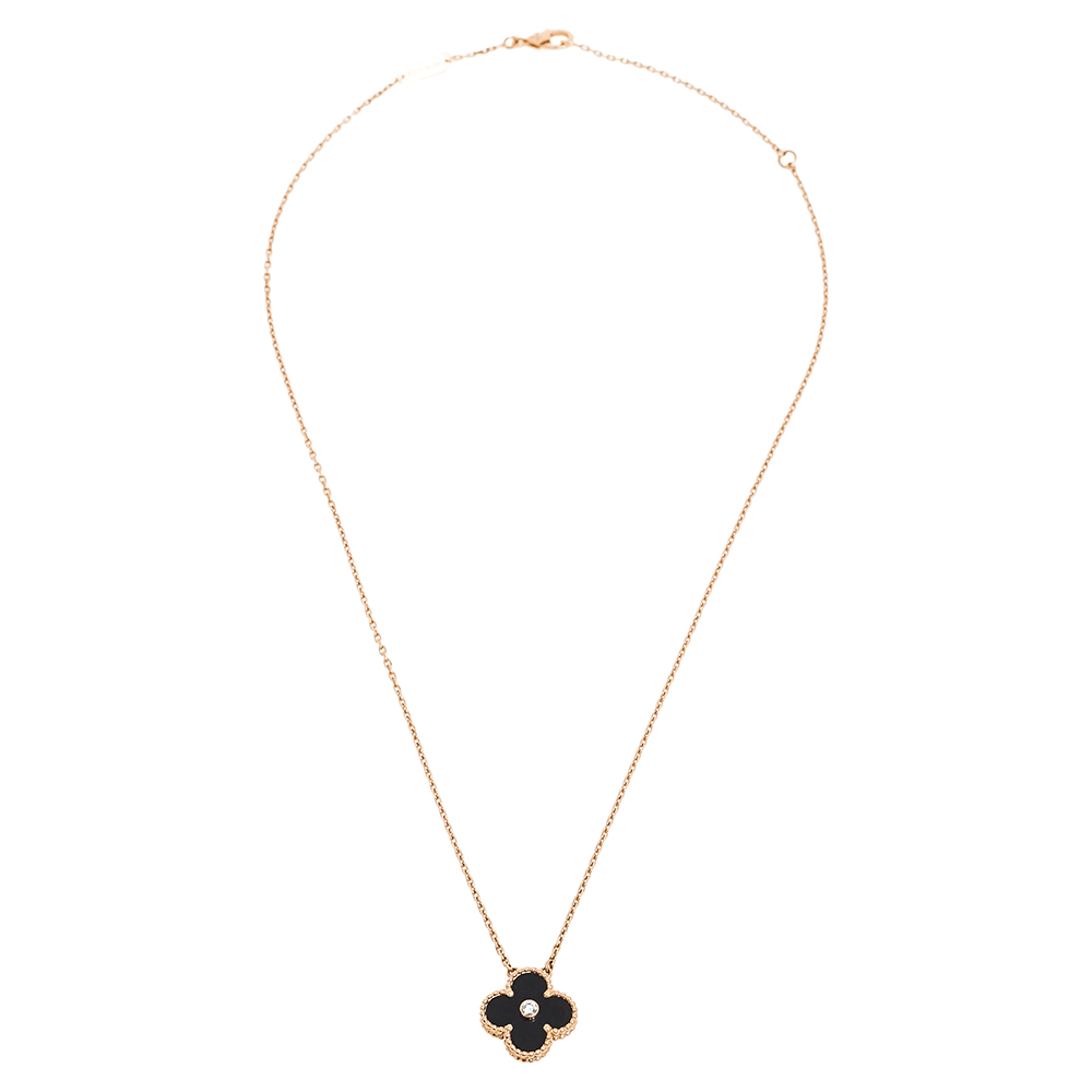 

Van Cleef & Arpels Vintage Alhambra Onyx Diamond 18K Rose Gold Pendant Necklace