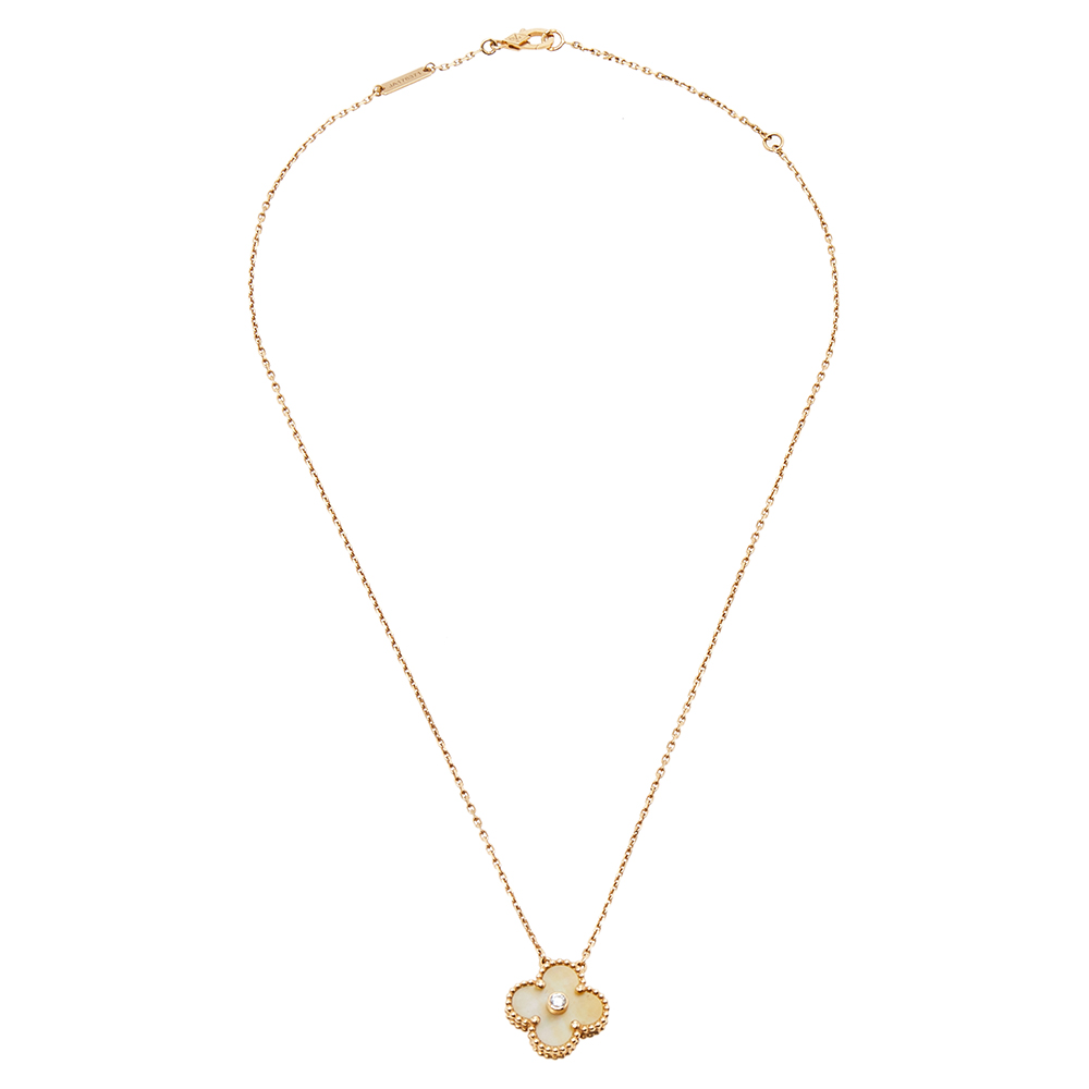 

Van Cleef & Arpels Vintage Alhambra Mother of Pearl Diamond 18K Yellow Gold Pendant Necklace