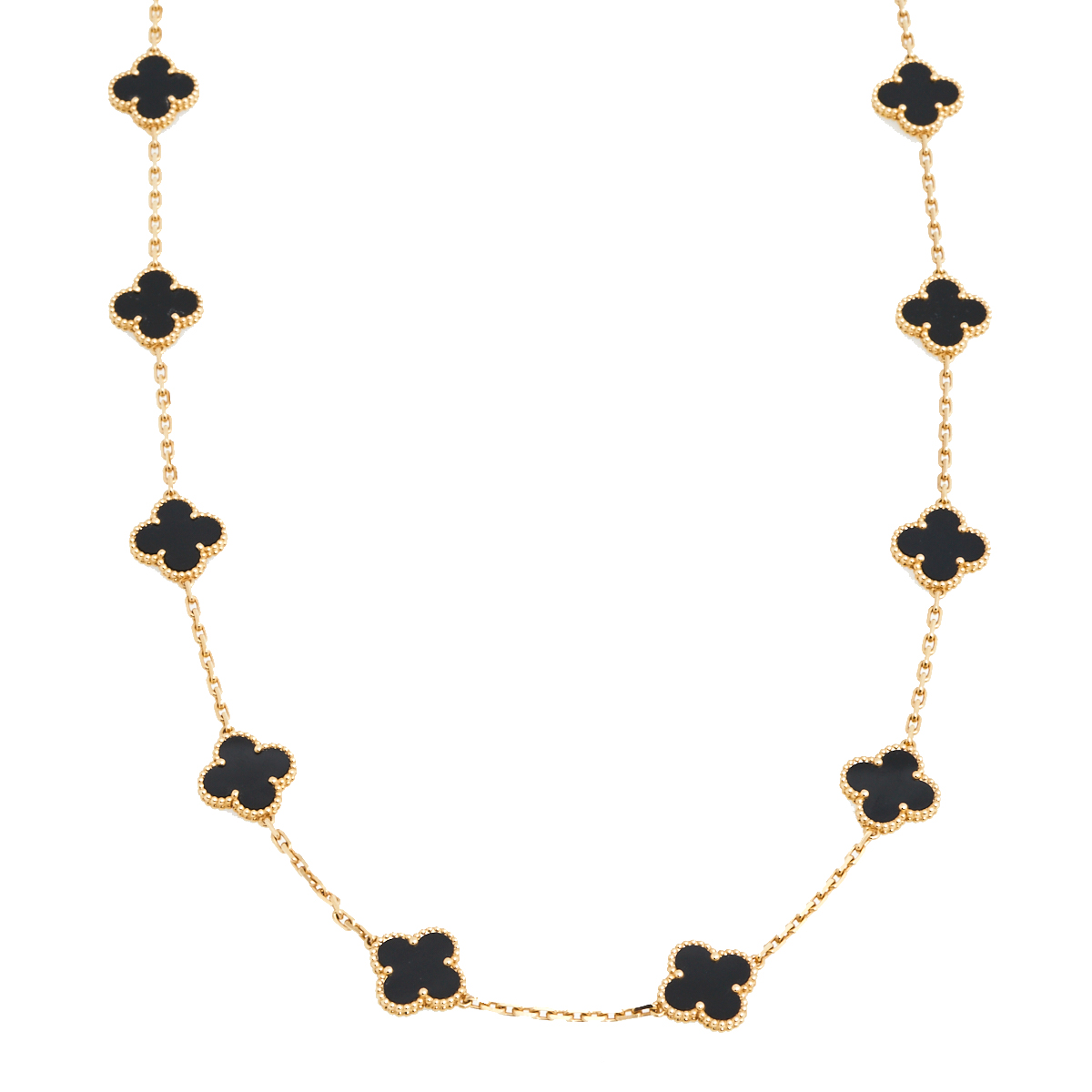 

Van Cleef & Arpels Vintage Alhambra Onyx 20 Motif 18K Yellow Gold Long Station Necklace