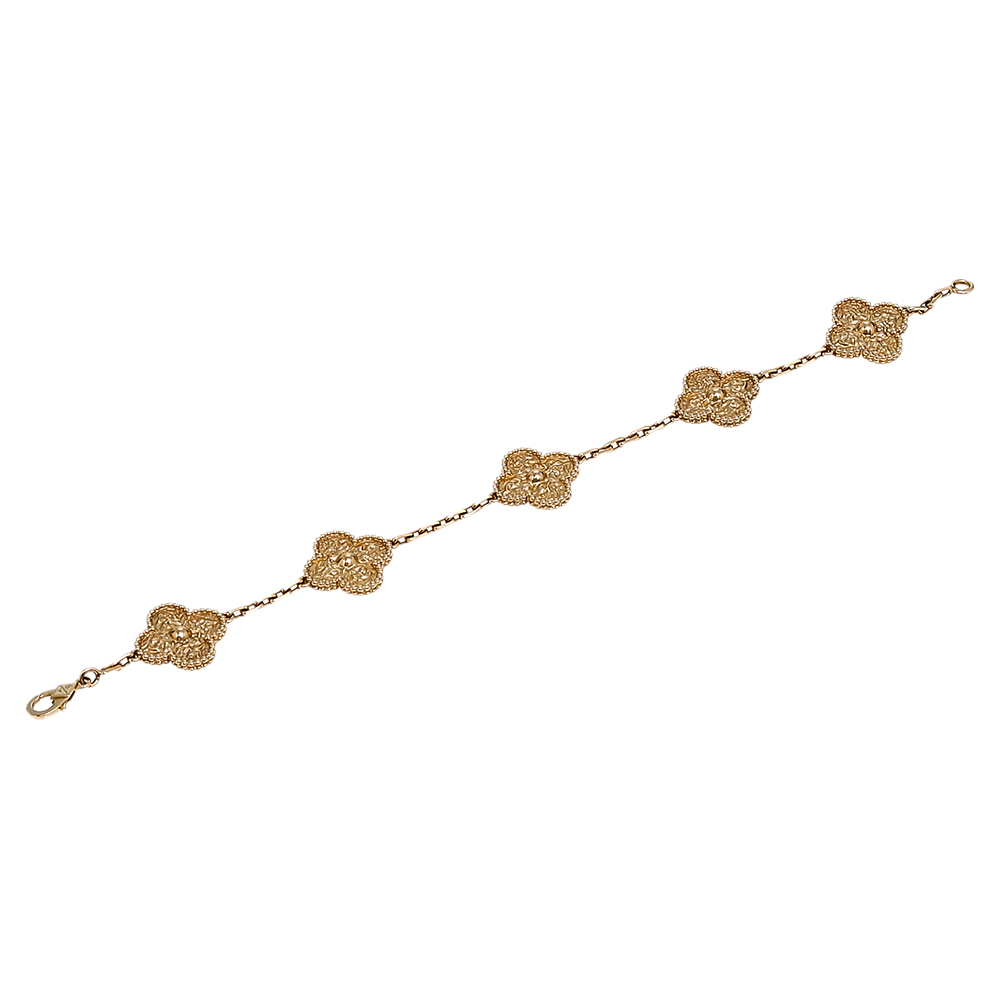 

Van Cleef & Arpels Vintage Alhambra Textured 5 Motif 18K Yellow Gold Station Bracelet