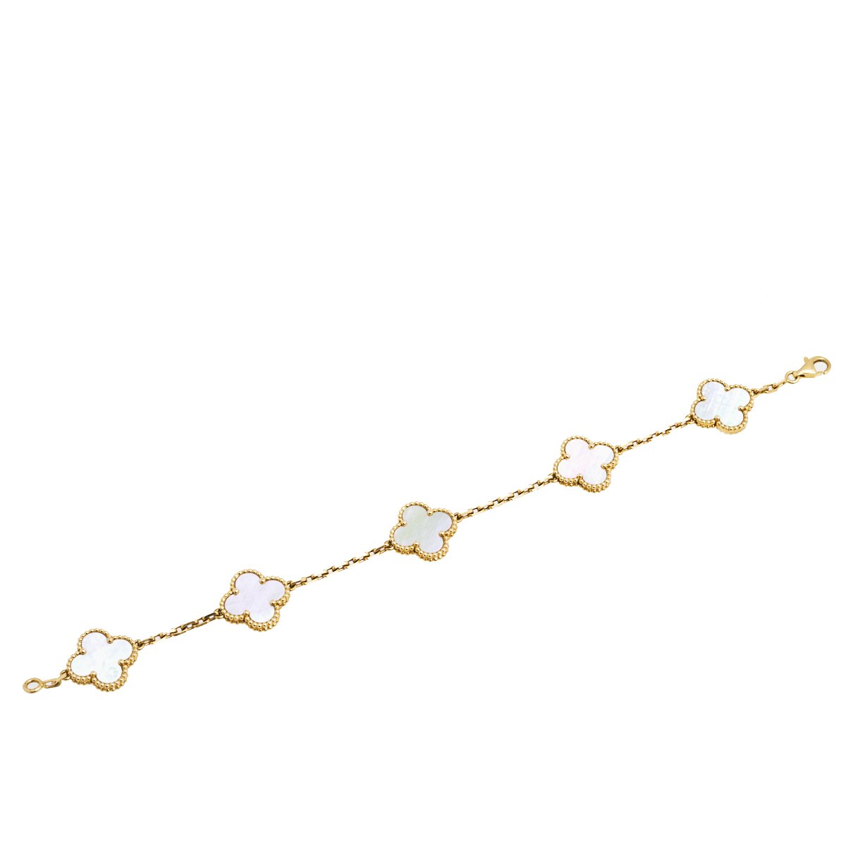

Van Cleef & Arpels Vintage Alhambra Mother of Pearl 18K Yellow Gold 5-Motif Station Bracelet