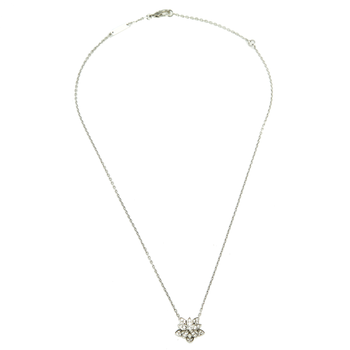 

Van Cleef & Arpels Lotus Diamond 18k White Gold Openwork Mini Model Pendant Necklace