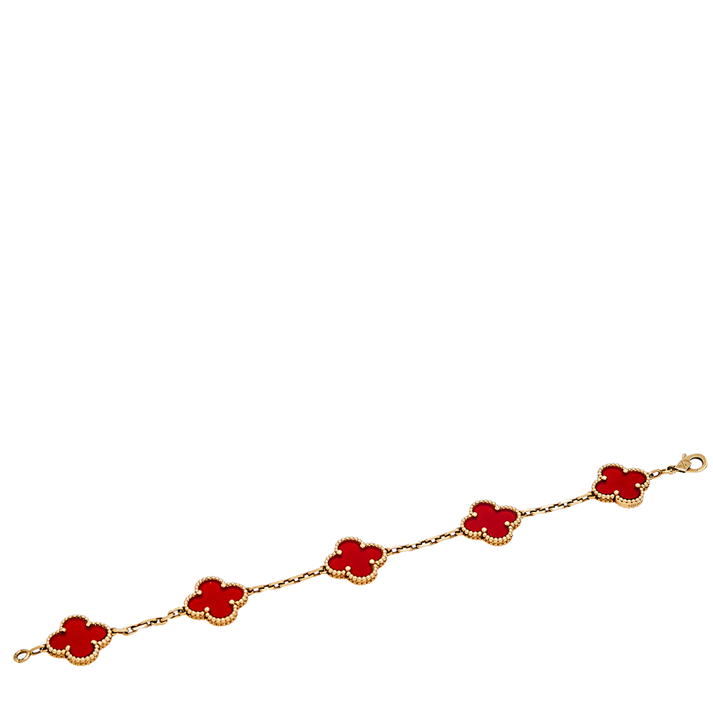 

Van Cleef & Arpels Vintage Alhambra 5 Motifs Carnelian 18K Yellow Gold Station Bracelet