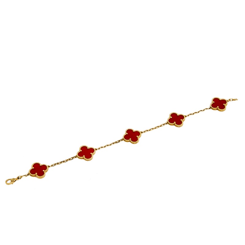 

Van Cleef & Arpels Vintage Alhambra Carnelian 18K Yellow Gold 5 Motif Station Bracelet