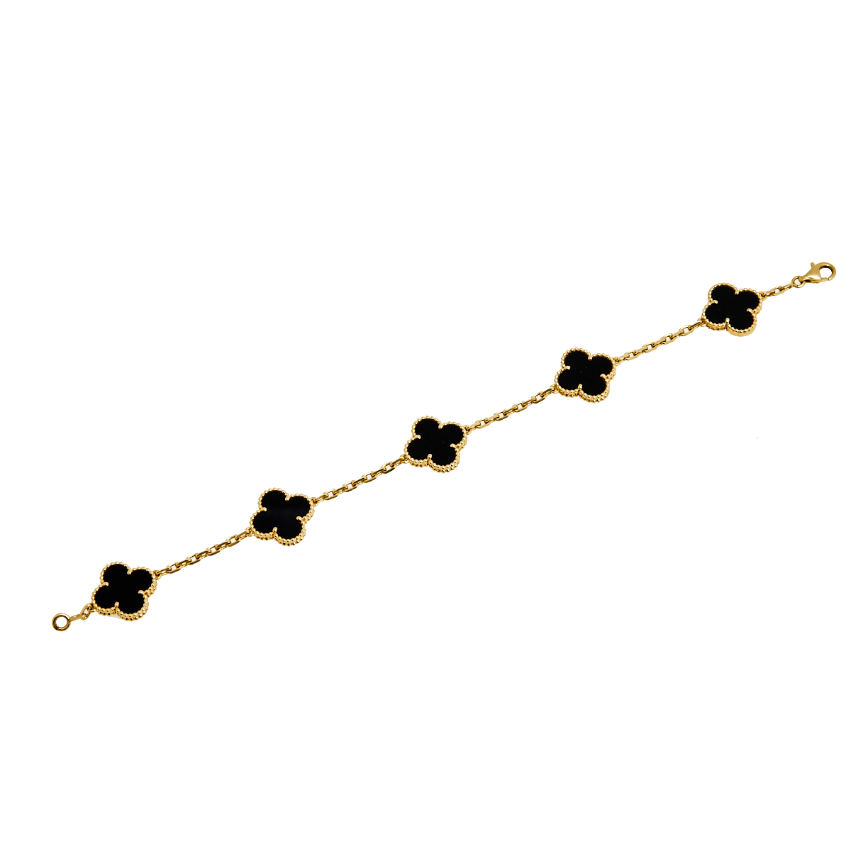 

Van Cleef & Arpels Vintage Alhambra Onyx 18K Yellow Gold 5 Motif Station Bracelet