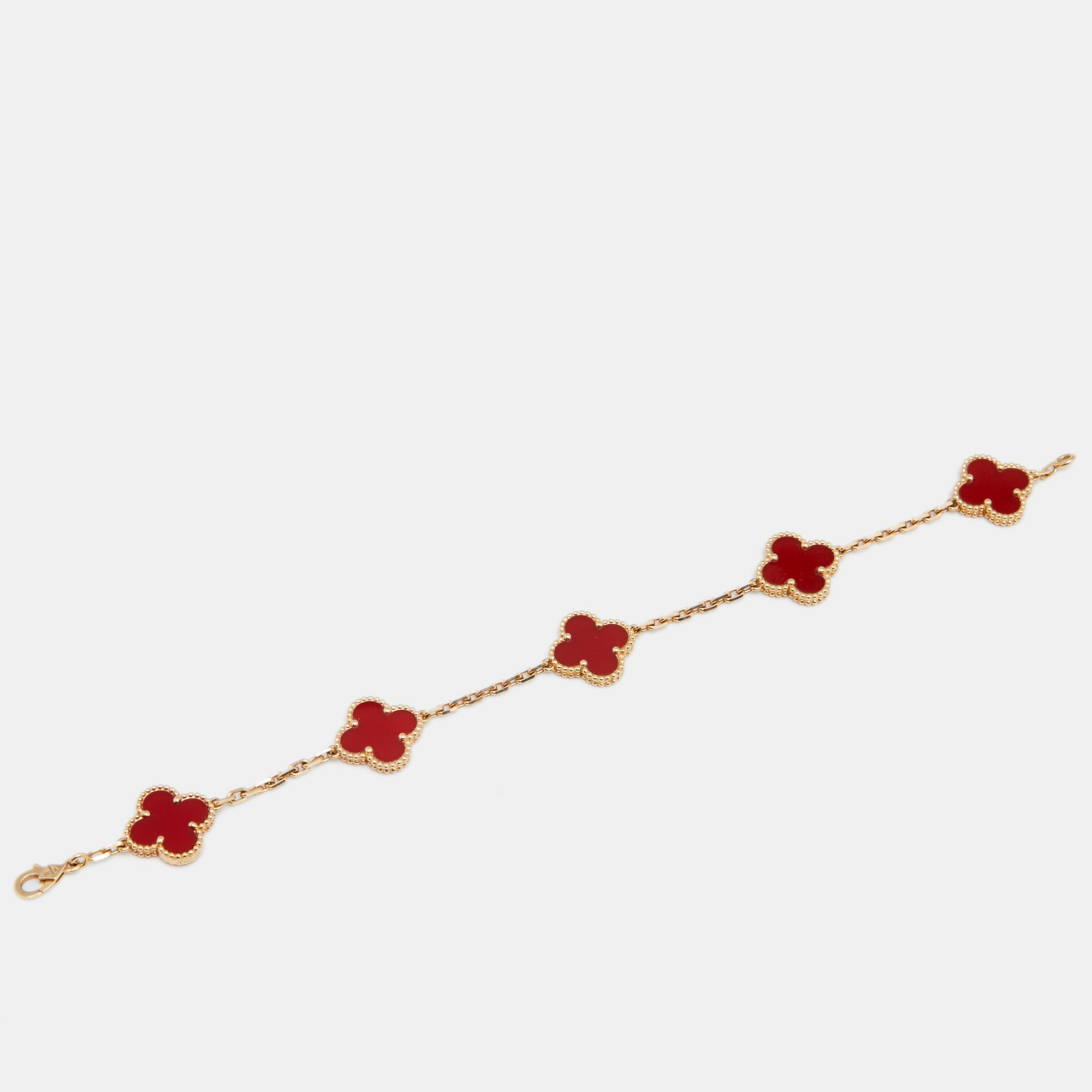 

Van Cleef & Arpels Vintage Alhambra 5 Motifs Carnelian 18K Yellow Gold Station Bracelet