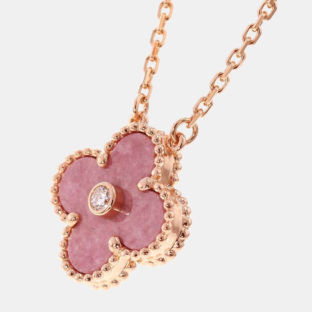 

Van Cleef & Arpels Vintage Alhambra 18K Rose Gold Diamond Rhodonite Necklace