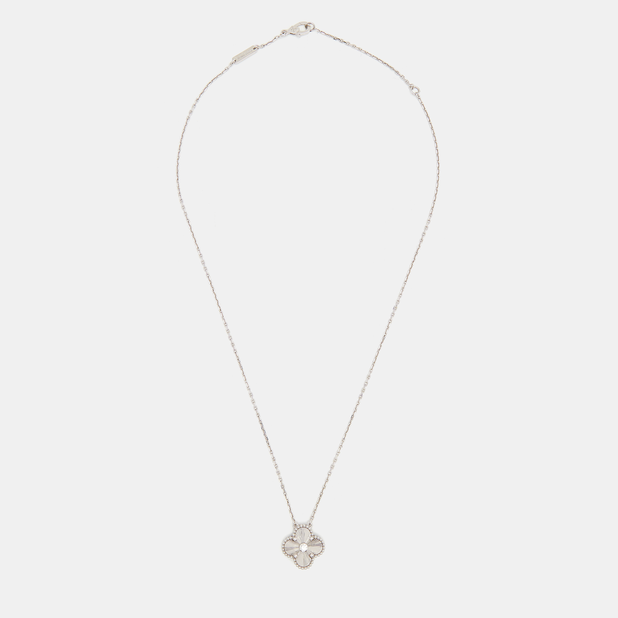

Van Cleef & Arpels Vintage Alhambra 2020 Limited Edition Diamond Guilloche 18k White Gold Pendant Necklace