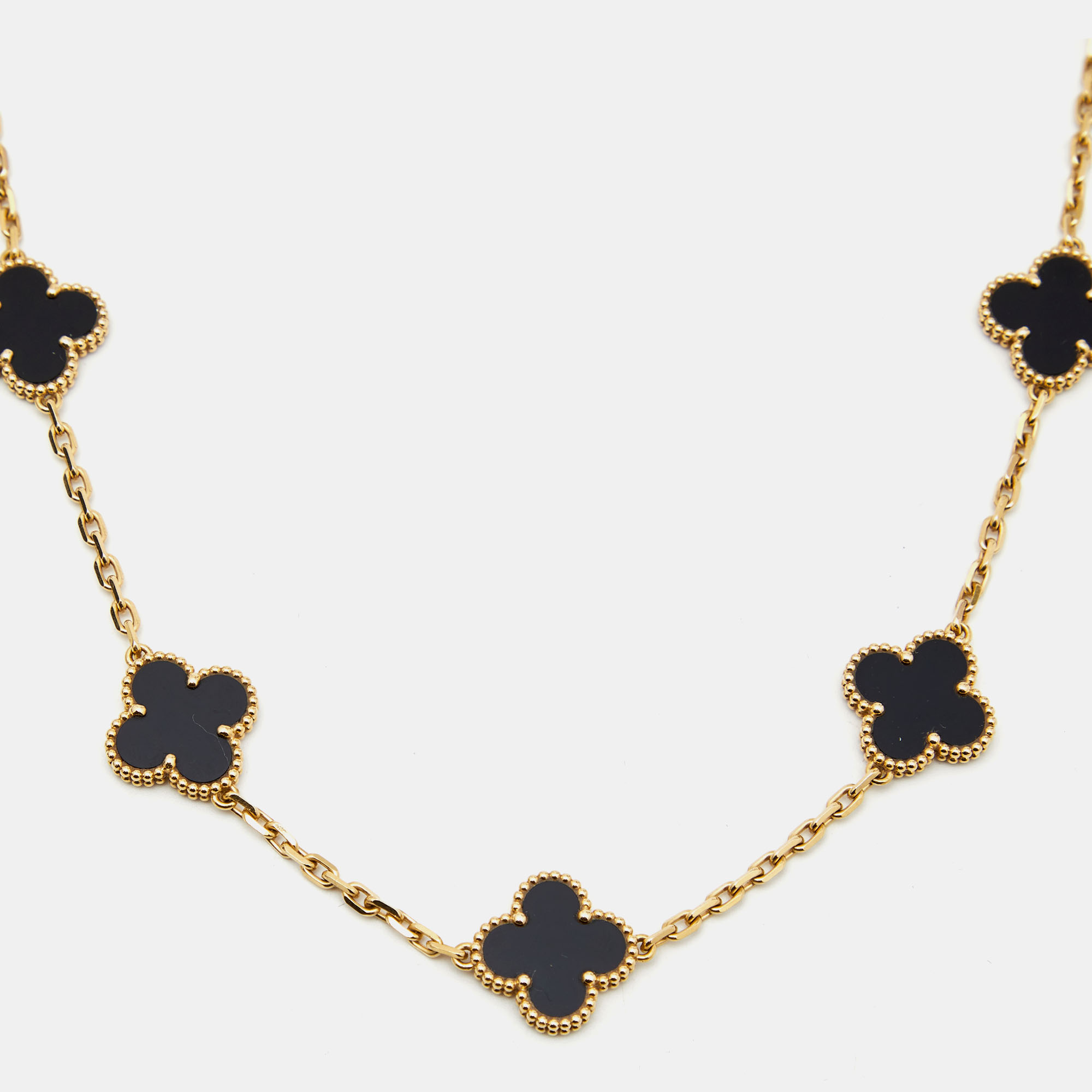 

Van Cleef & Arpels Vintage Alhambra Onyx 10 Motif 18k Yellow Gold Necklace