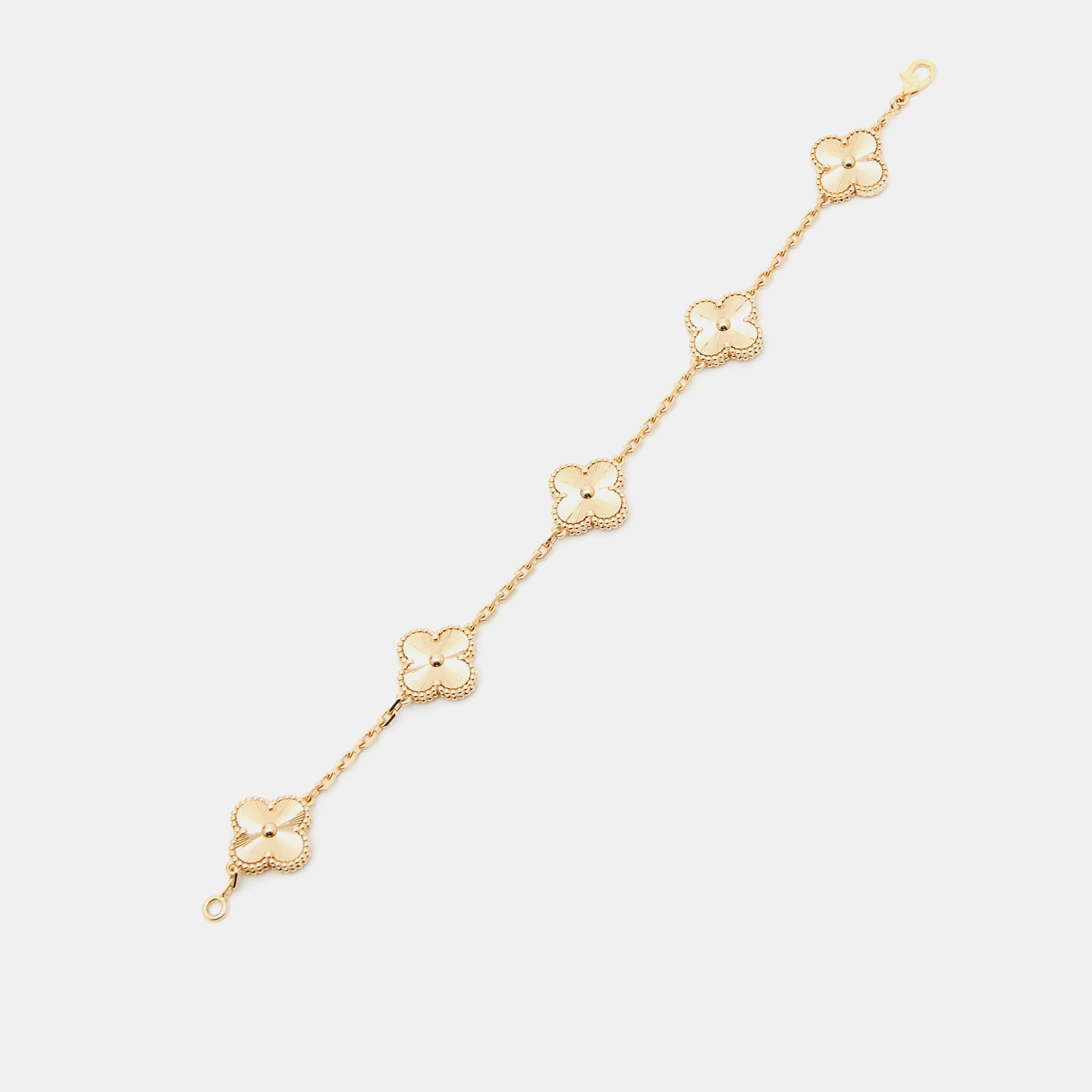 

Van Cleef & Arpels Vintage Alhambra Guilloché 18K Yellow Gold 5 Motif Station Bracelet