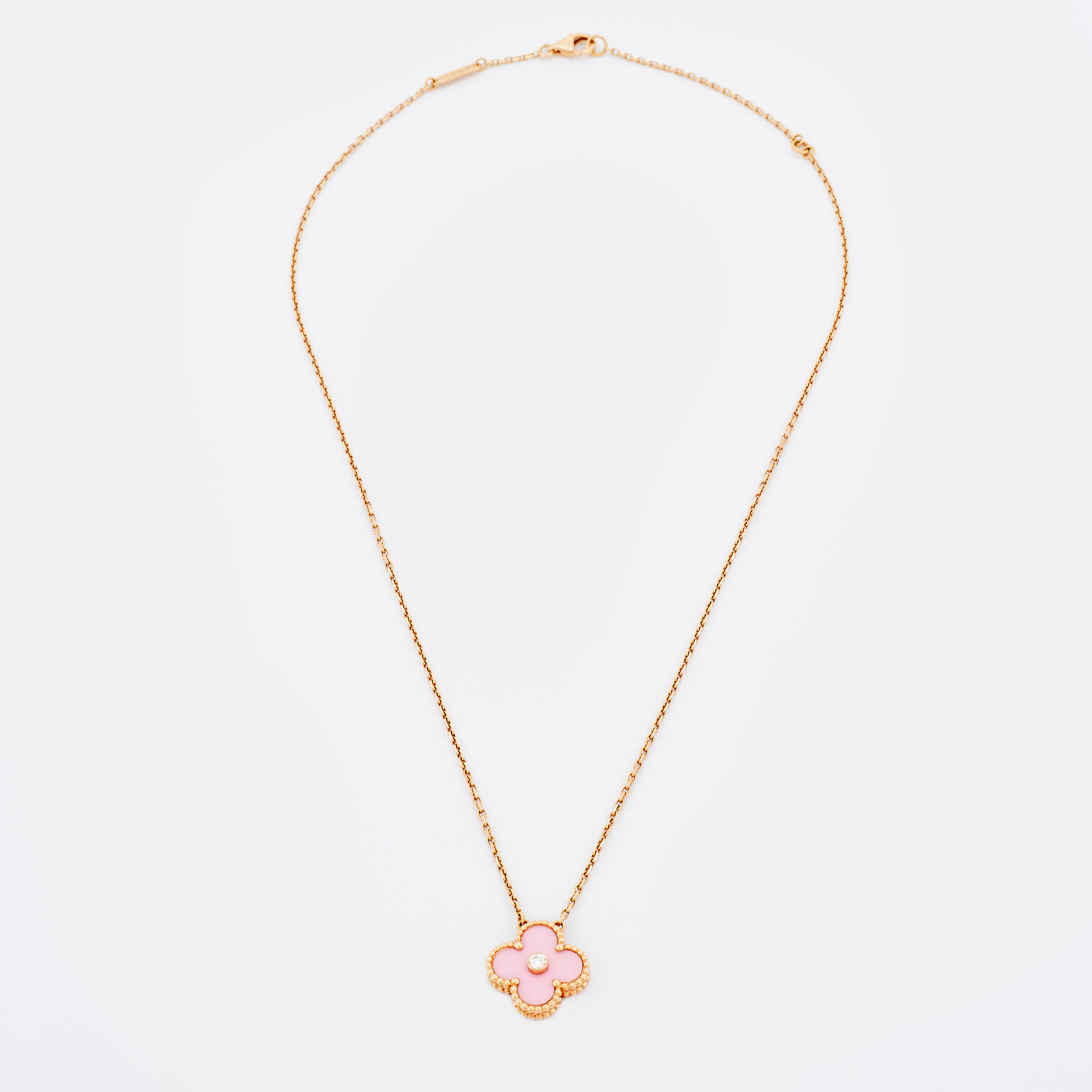 

Van Cleef & Arpels Vintage Alhambra Diamond Pink Inlay 18K Rose Gold Pendant Necklace