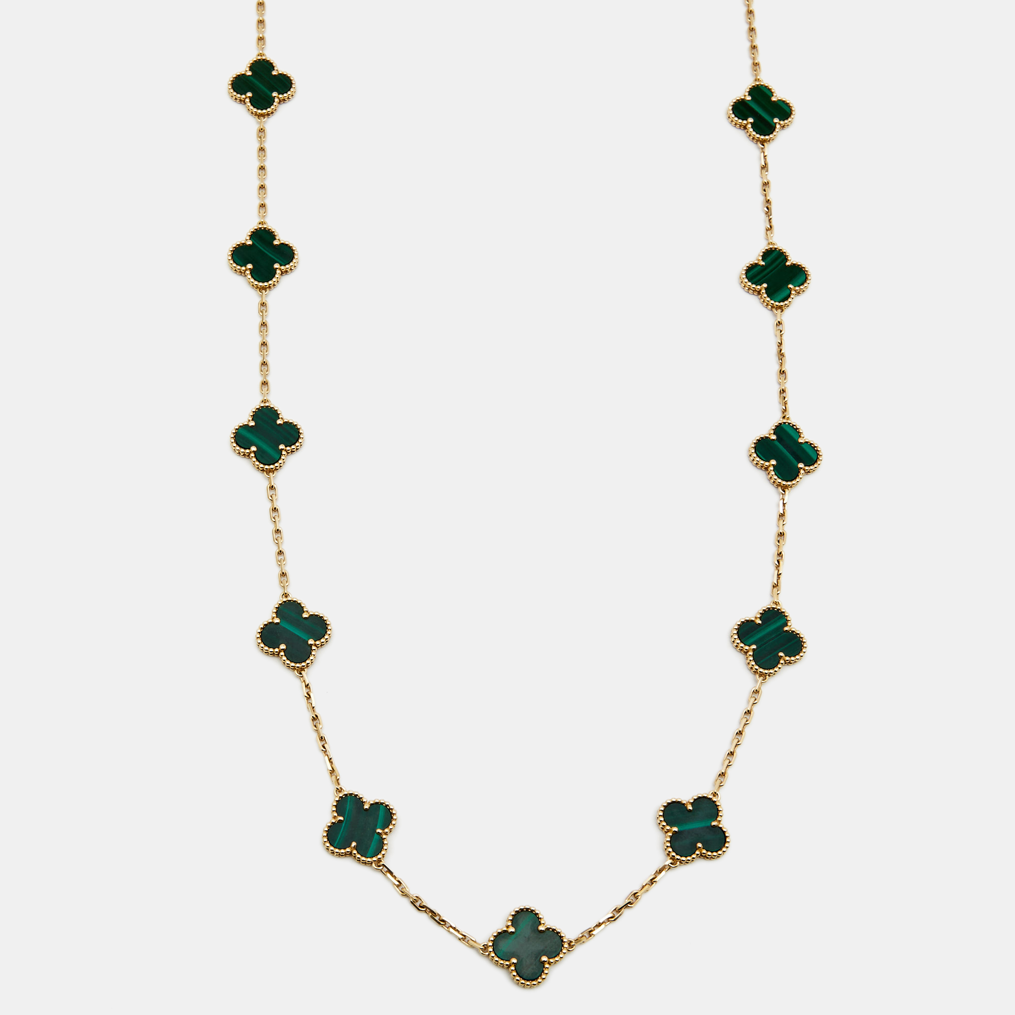 

Van Cleef & Arpels Vintage Alhambra Malachite 20 Motif 18k Yellow Gold Long Necklace