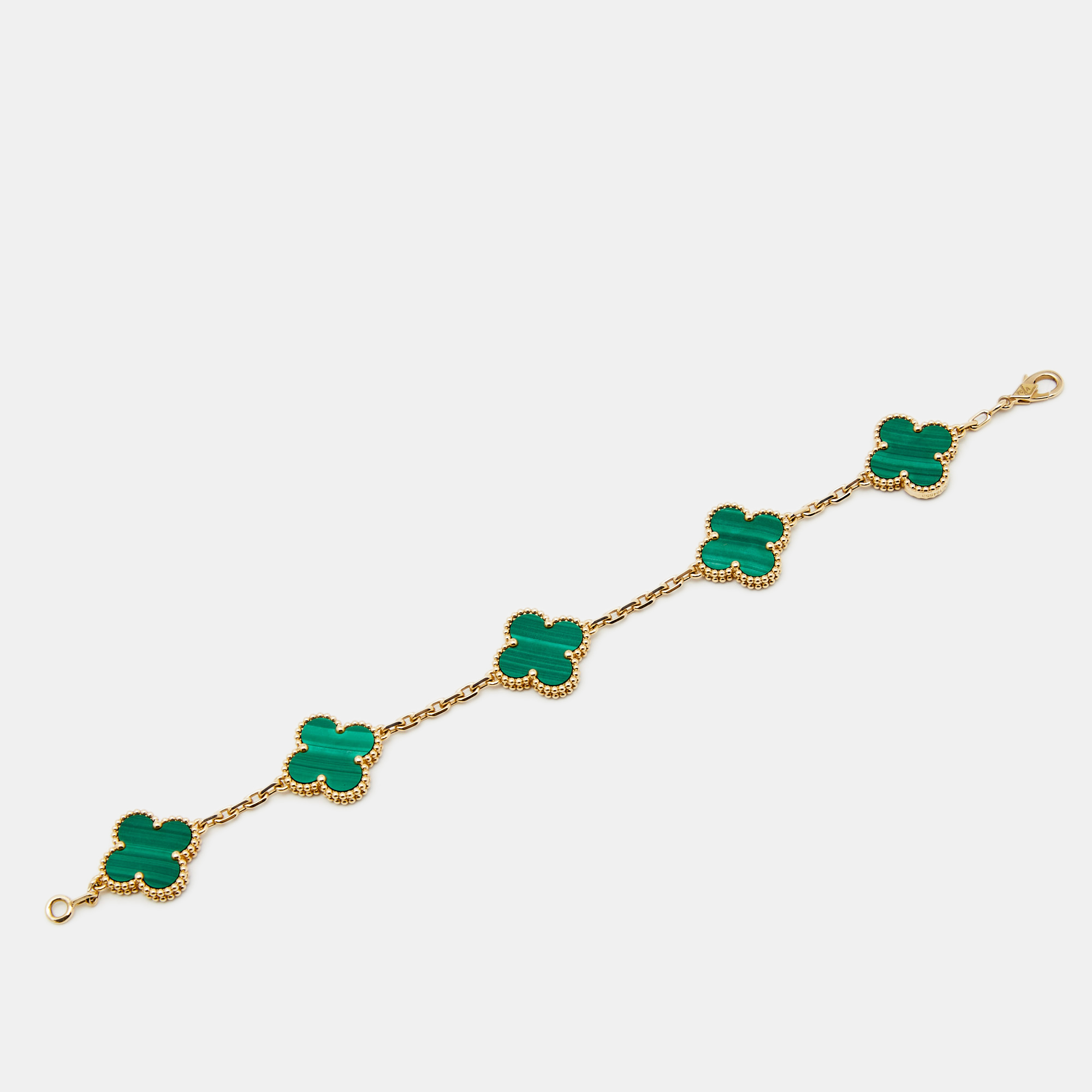 

Van Cleef & Arpels Vintage Alhambra Malachite 18k Yellow Gold 5 Motif Station Bracelet