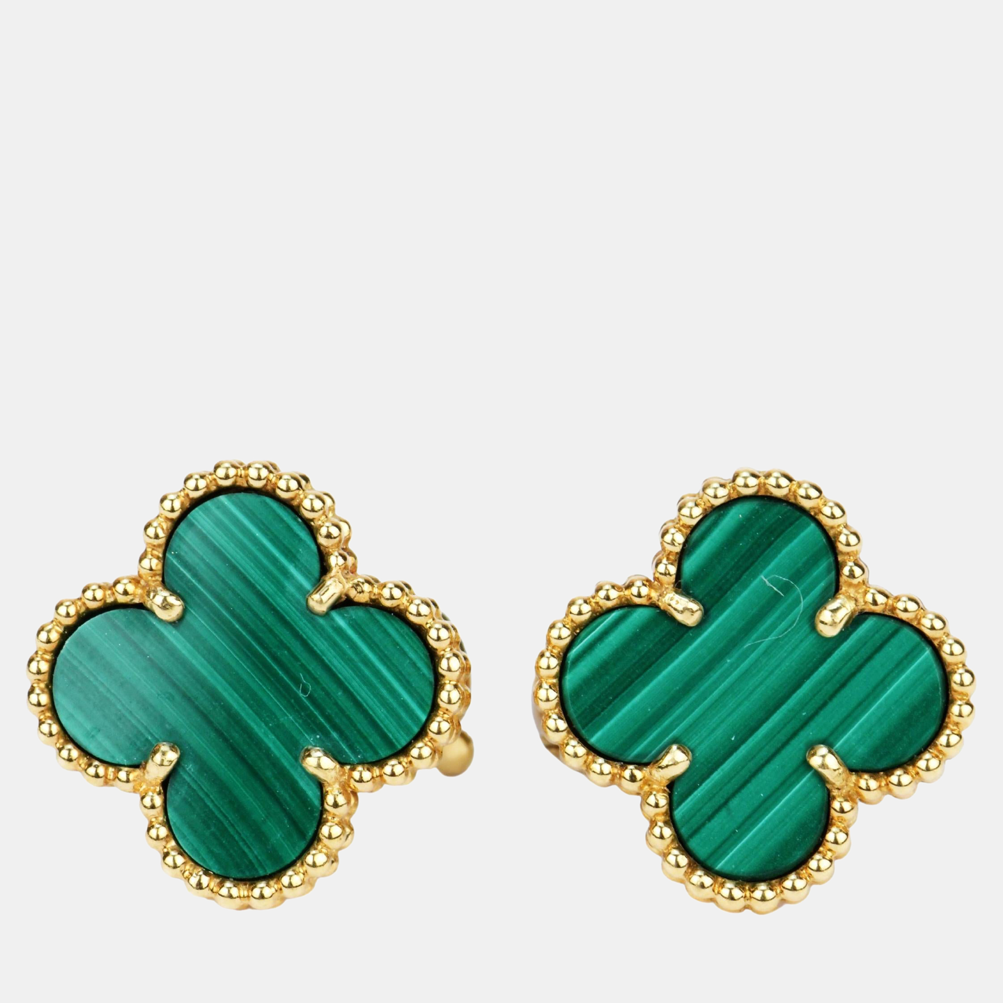Pre Owned Van Cleef & Arpels Vintage Alhambra Malachite Yellow Gold Earrings
