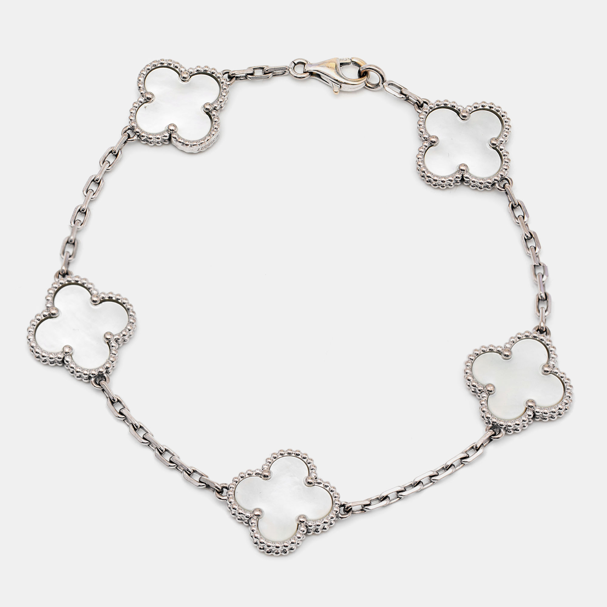 Pre Owned Van Cleef & Arpels Vintage Alhambra Mother of Pearl 18k White Gold Station Bracelet