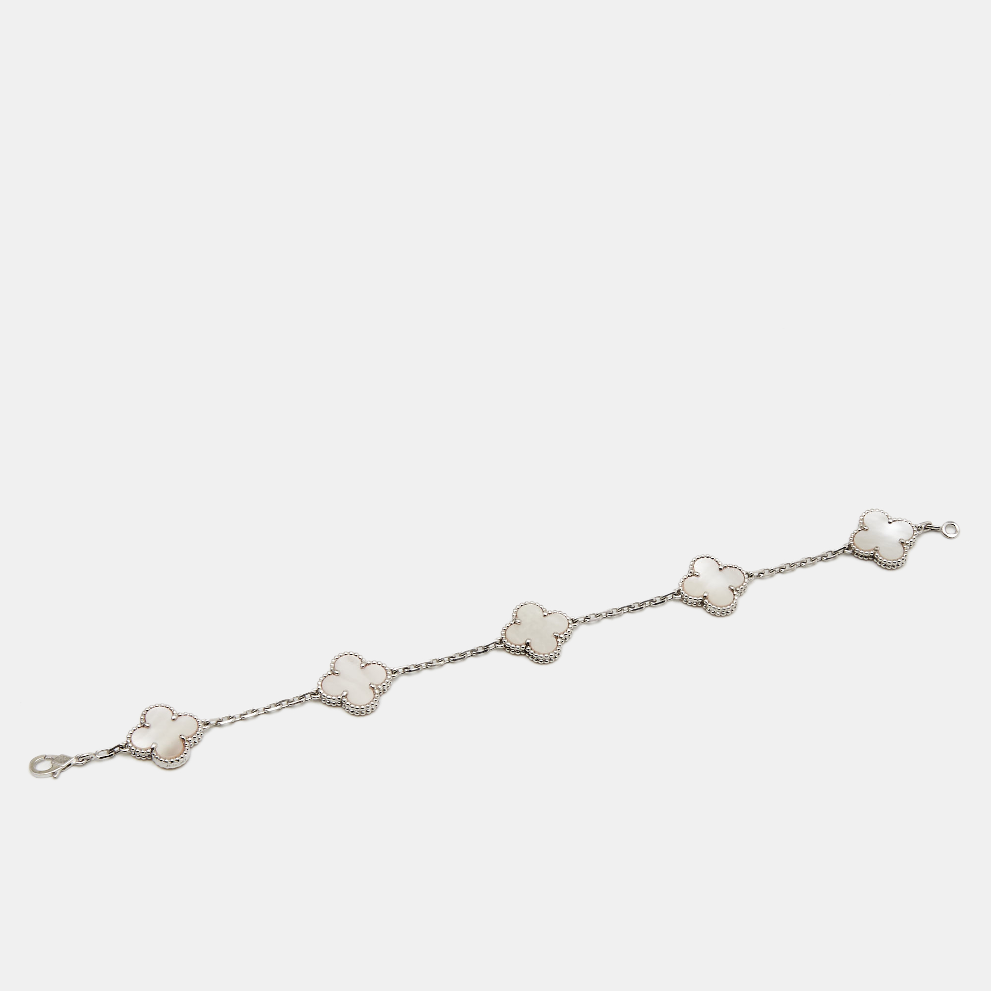 

Van Cleef & Arpels Vintage Alhambra Mother of Pearl 18k White Gold 5 Motif Station Bracelet